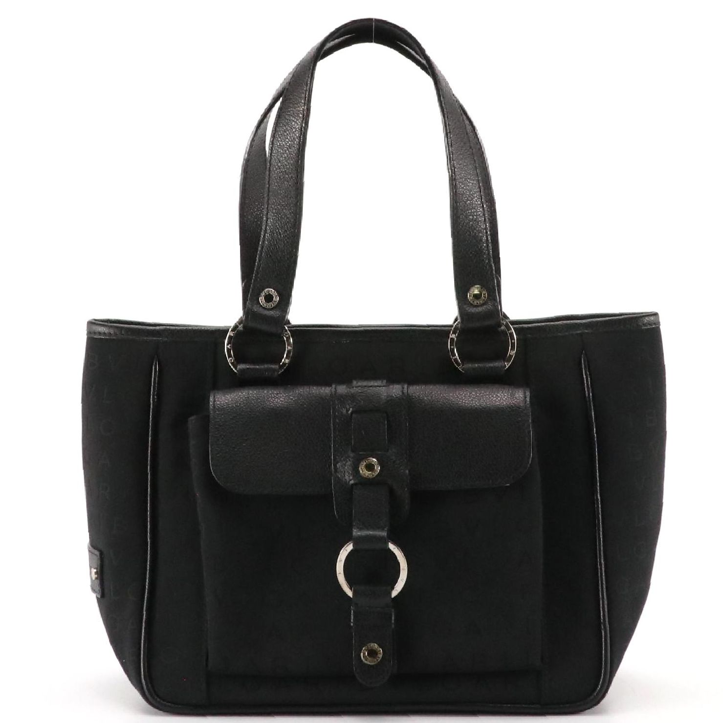 BVLGARI Small Front Pocket Tote in Black Logomania Jacquard Canvas and Leather