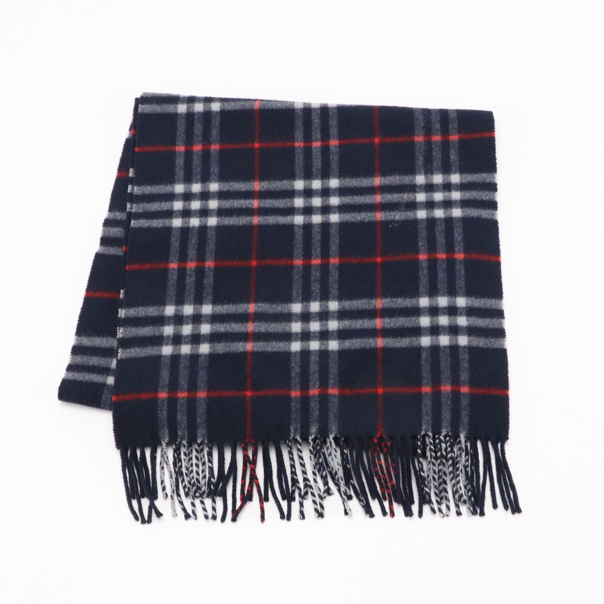Burberrys Fringe Scarf in Navy Blue House Check Cashmere