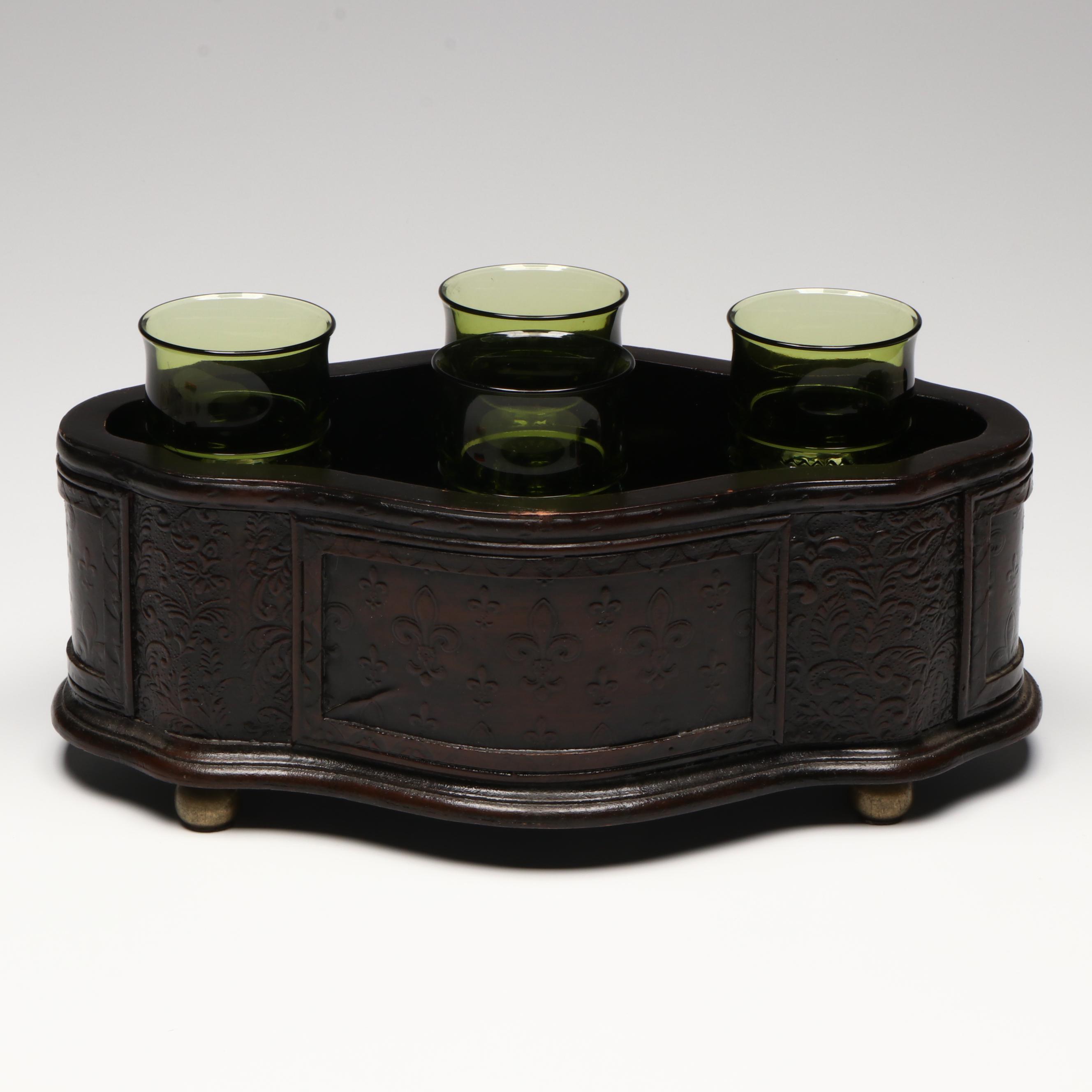 Indiana Glass Green Kings Crown Thumbprint Goblets with Wooden Cachetpot