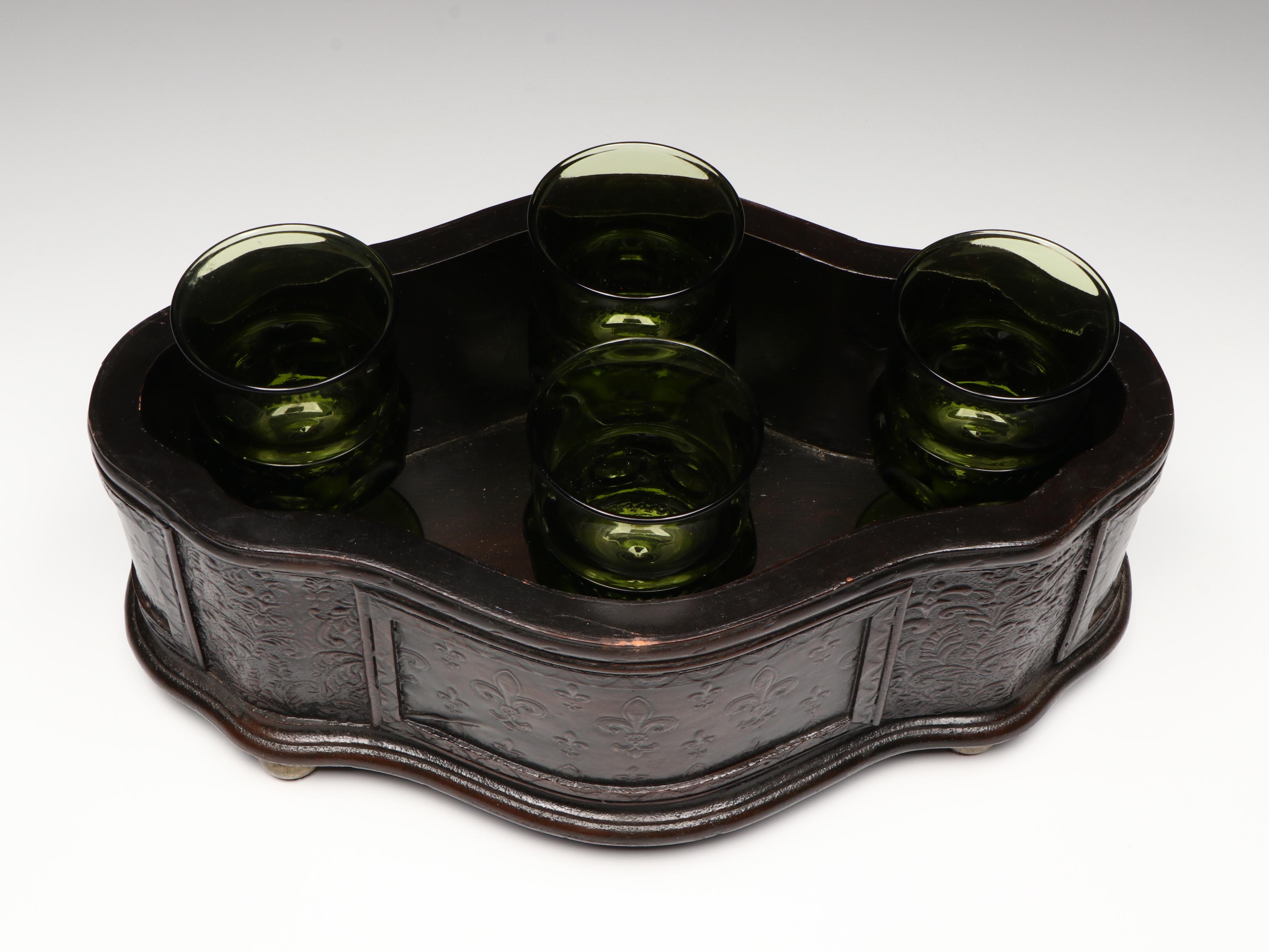 Indiana Glass Green Kings Crown Thumbprint Goblets with Wooden Cachetpot