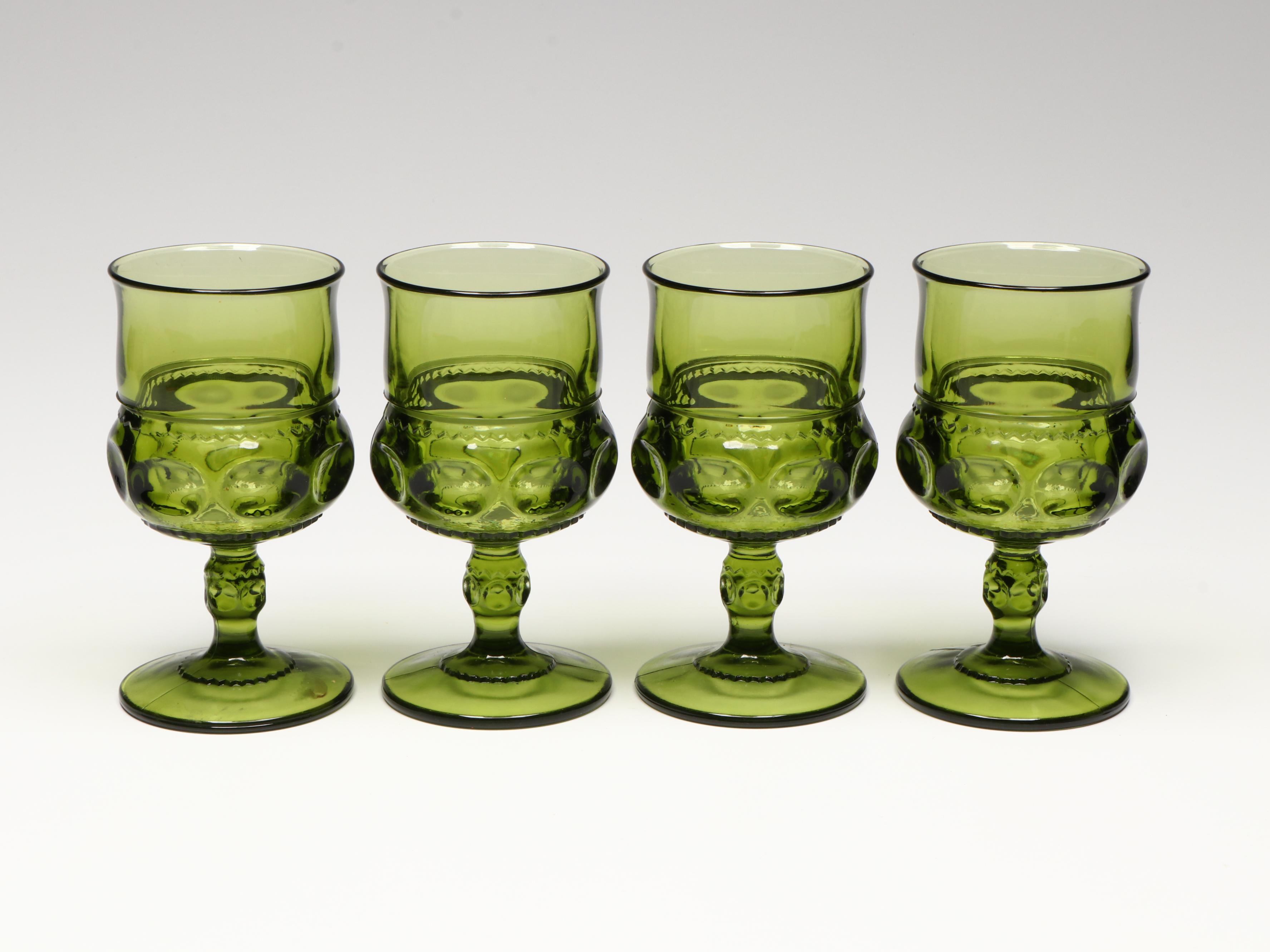 Indiana Glass Green Kings Crown Thumbprint Goblets with Wooden Cachetpot
