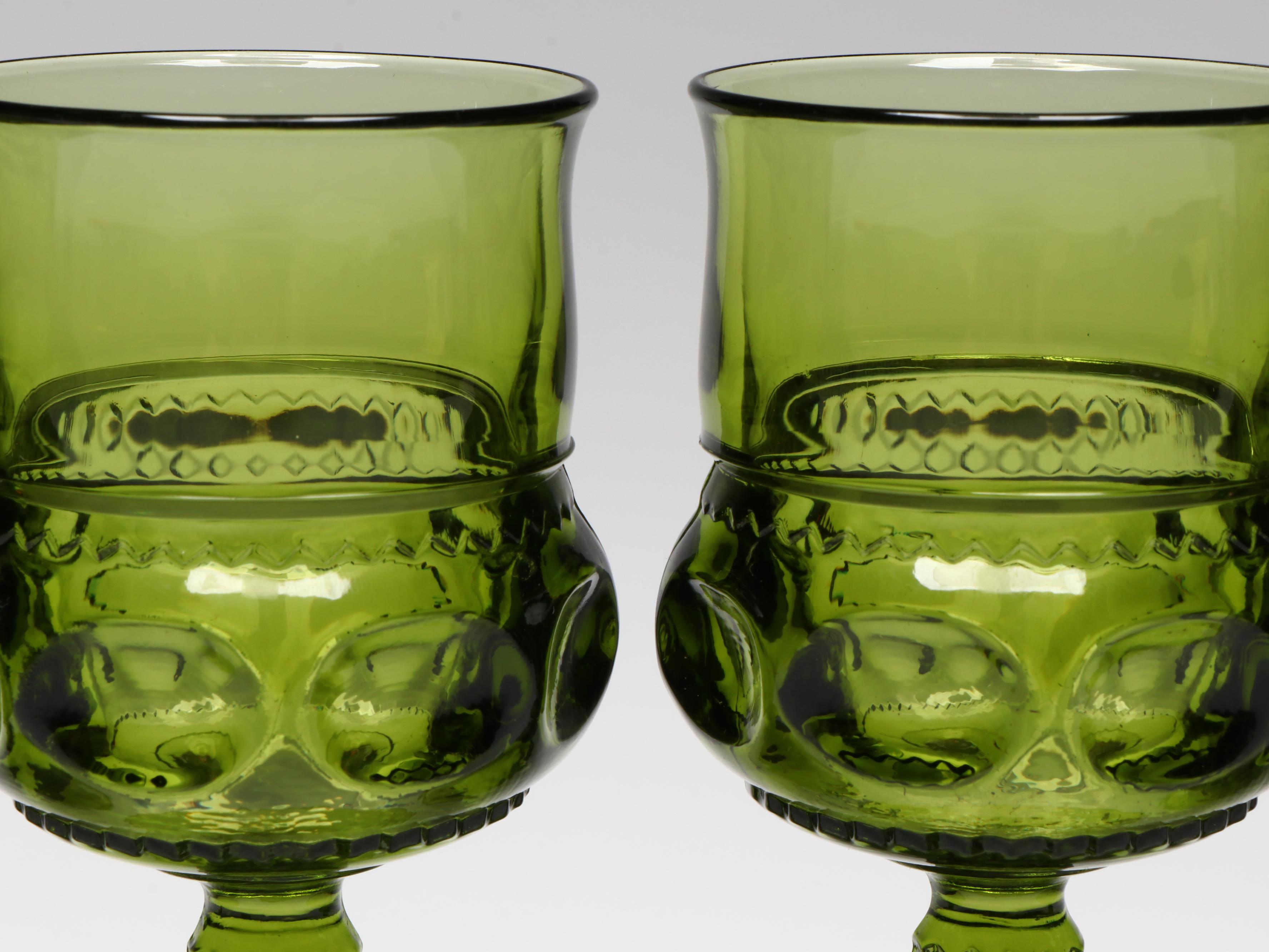 Indiana Glass Green Kings Crown Thumbprint Goblets with Wooden Cachetpot