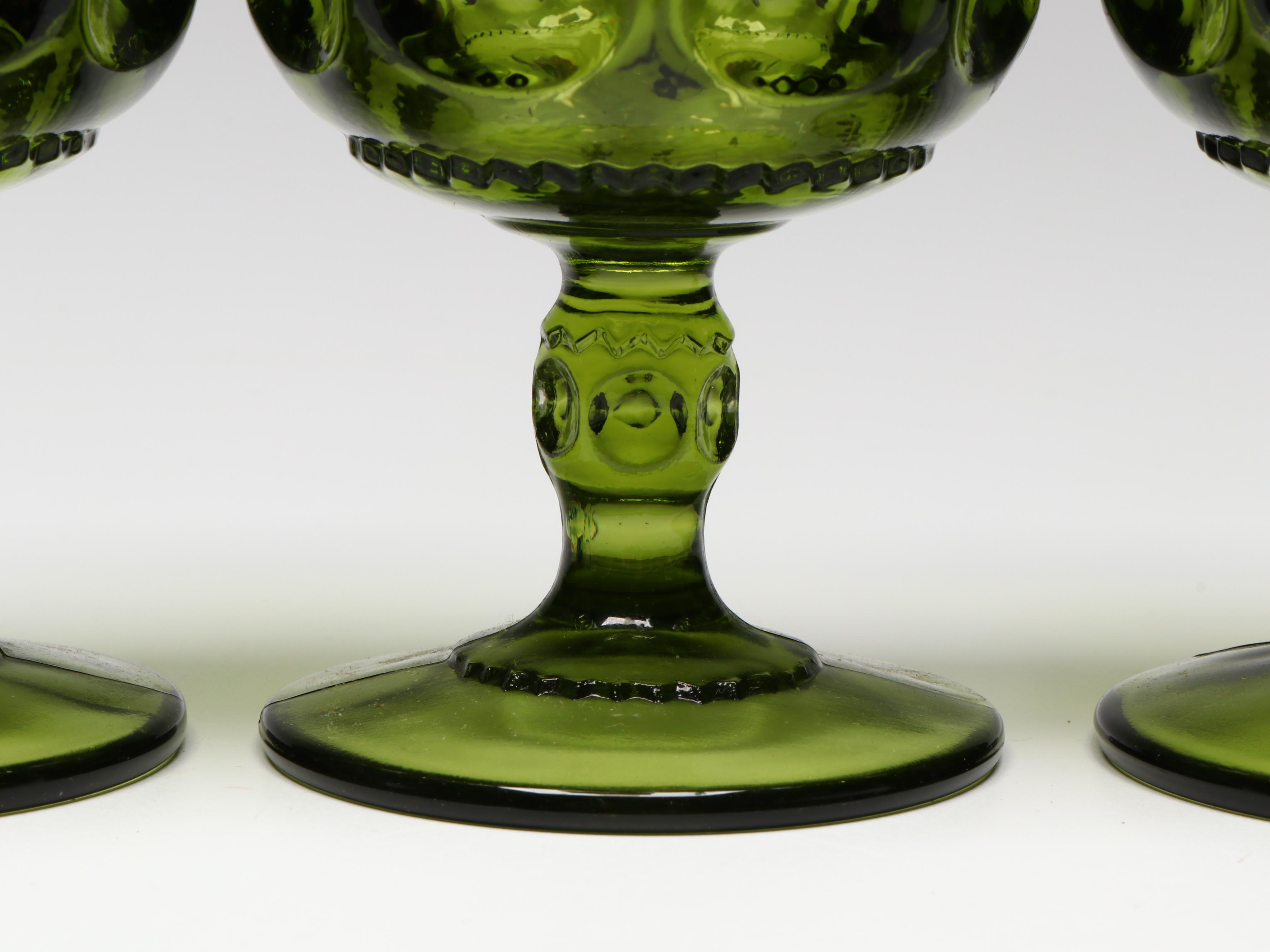 Indiana Glass Green Kings Crown Thumbprint Goblets with Wooden Cachetpot