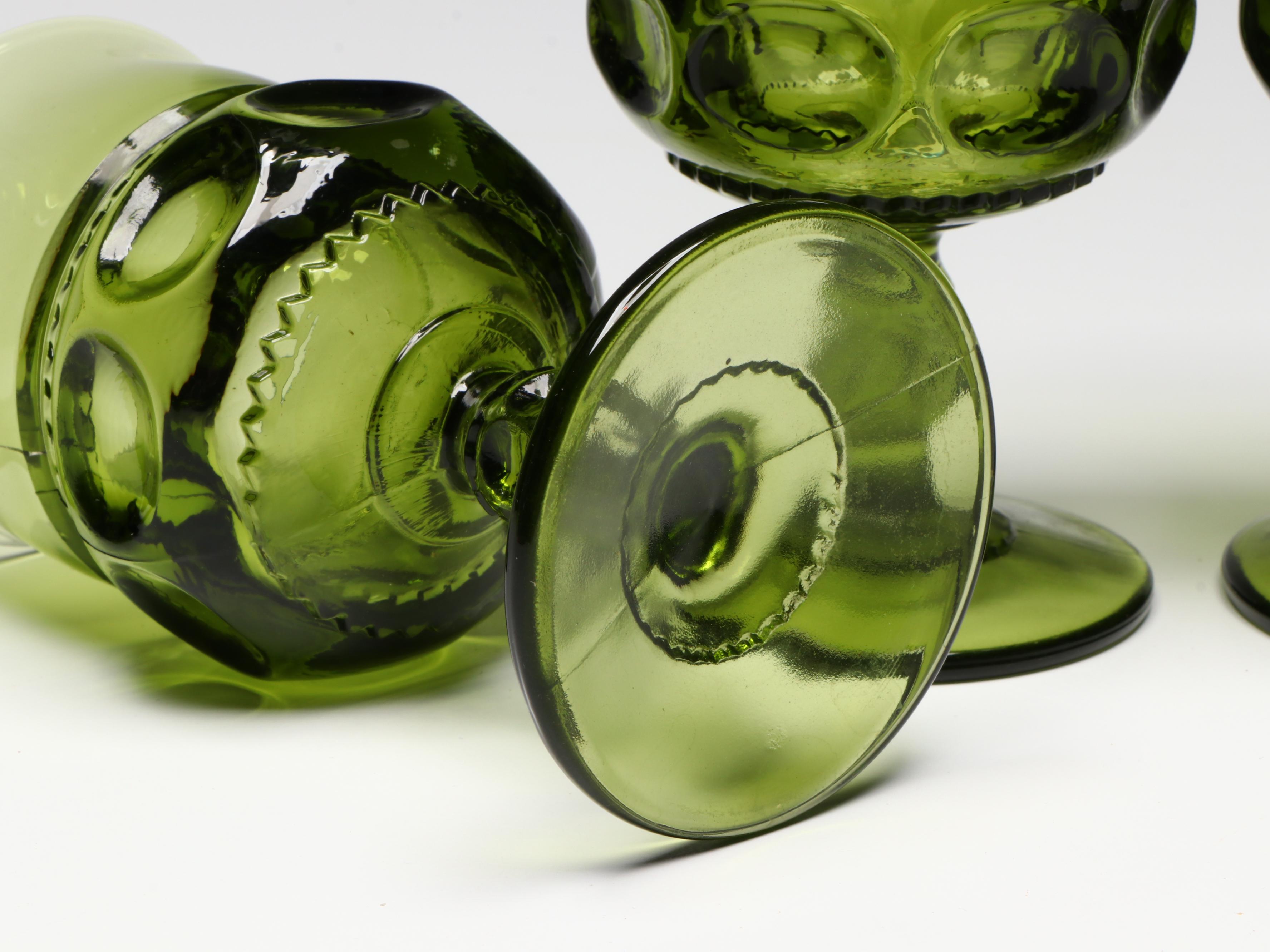 Indiana Glass Green Kings Crown Thumbprint Goblets with Wooden Cachetpot