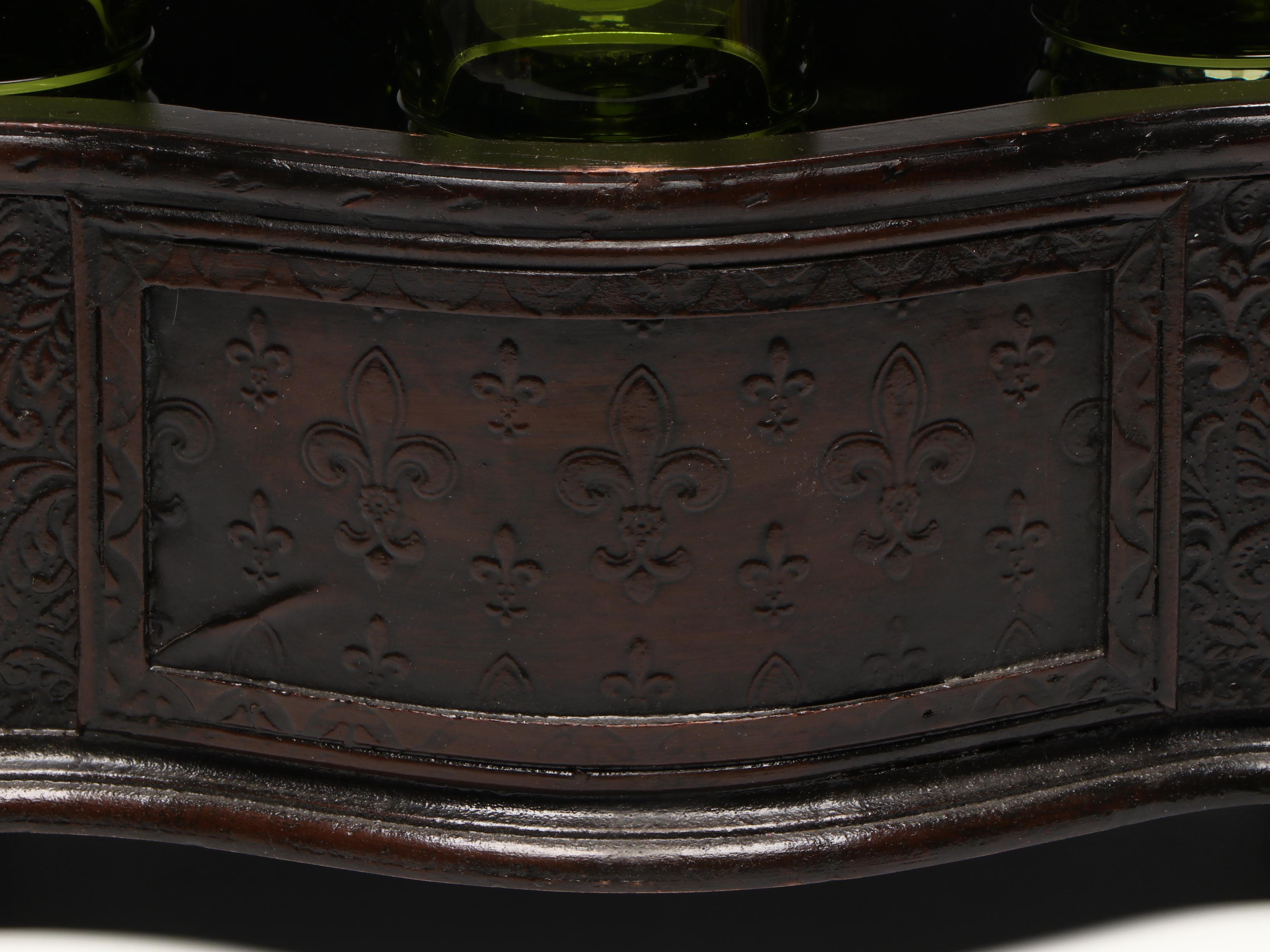 Indiana Glass Green Kings Crown Thumbprint Goblets with Wooden Cachetpot