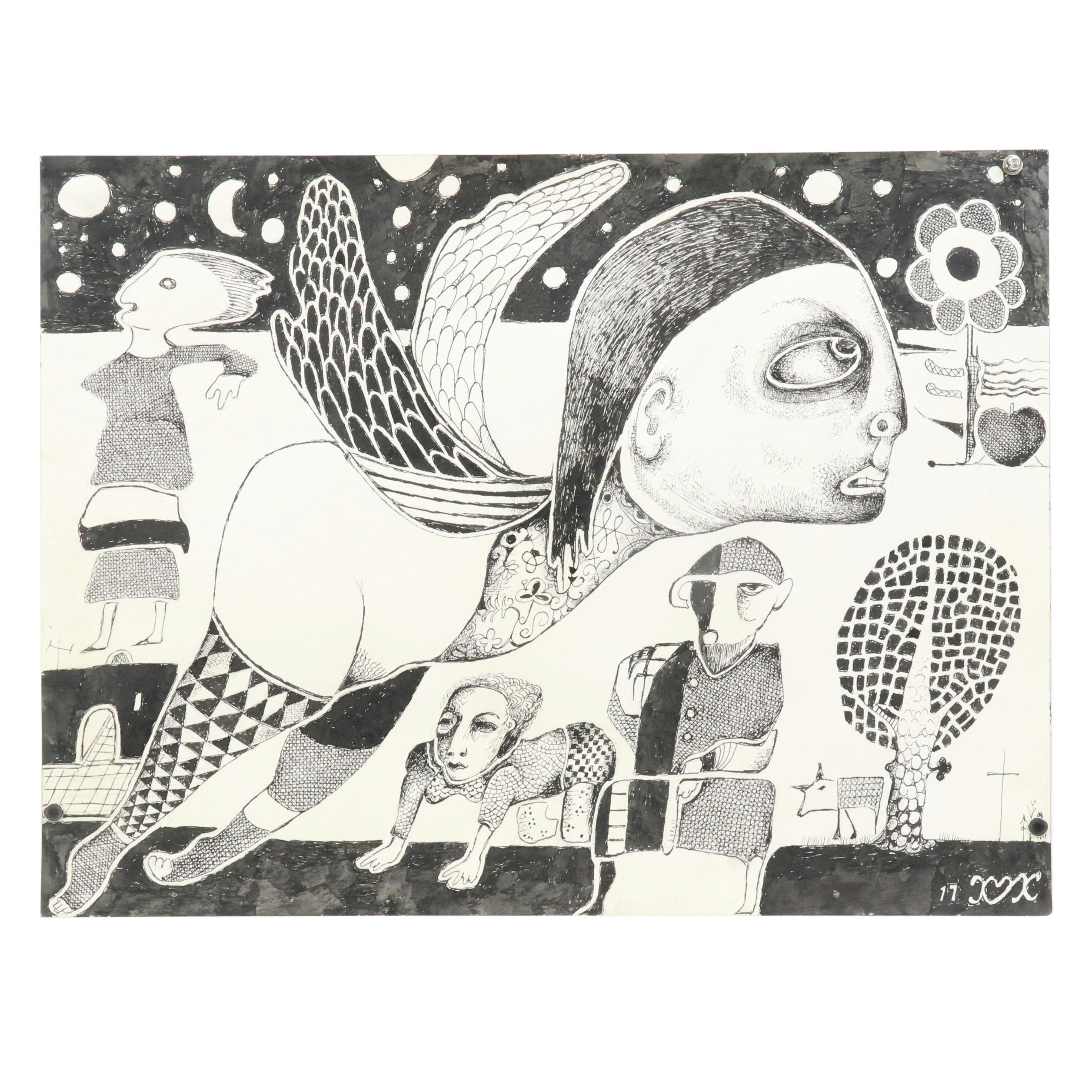 Nikolay Manuylov “Kuk” Surrealist Figural Ink Illustration, 2017