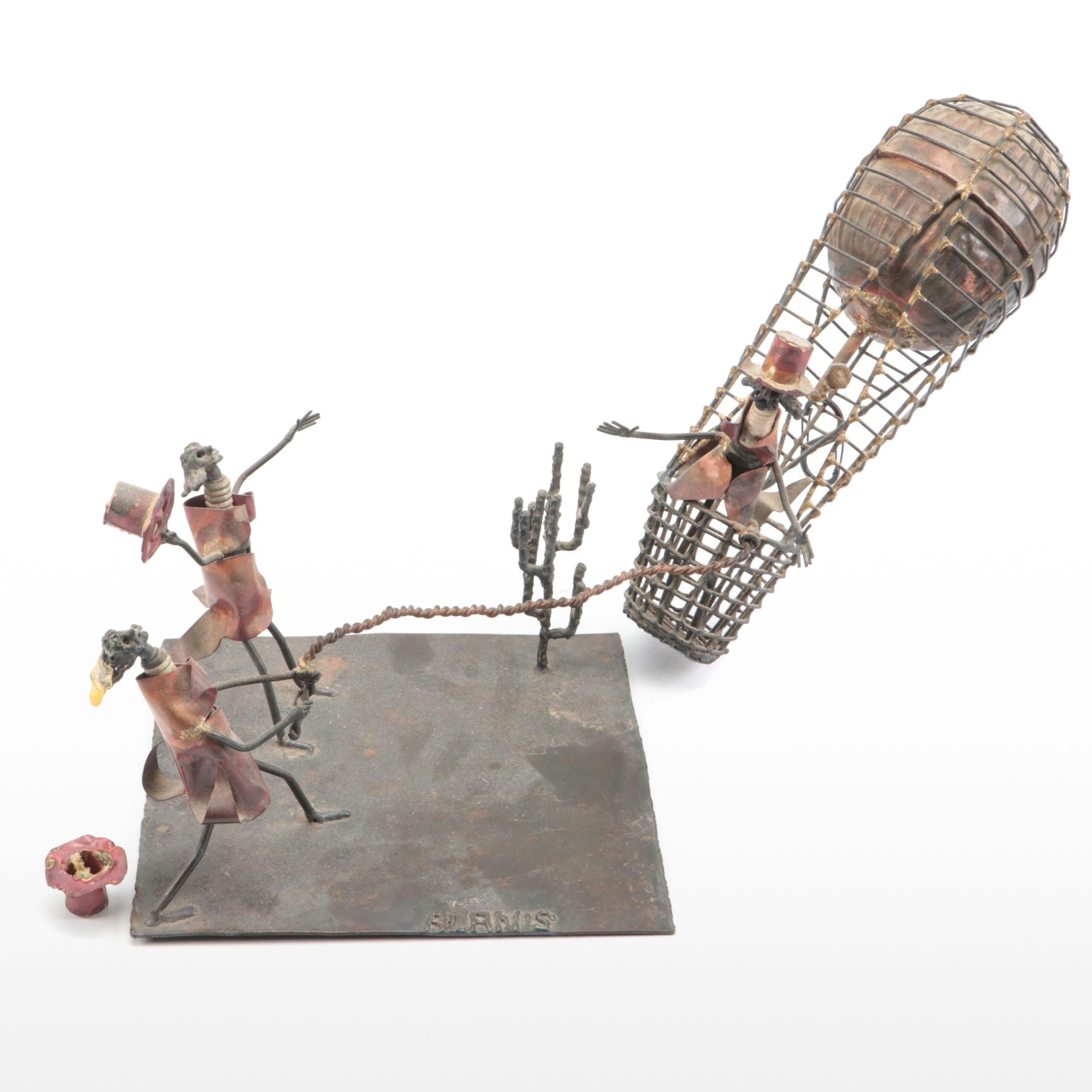Artist Signed Primitive Metal, Copper and Wirework Hot Air Balloon Sculpture