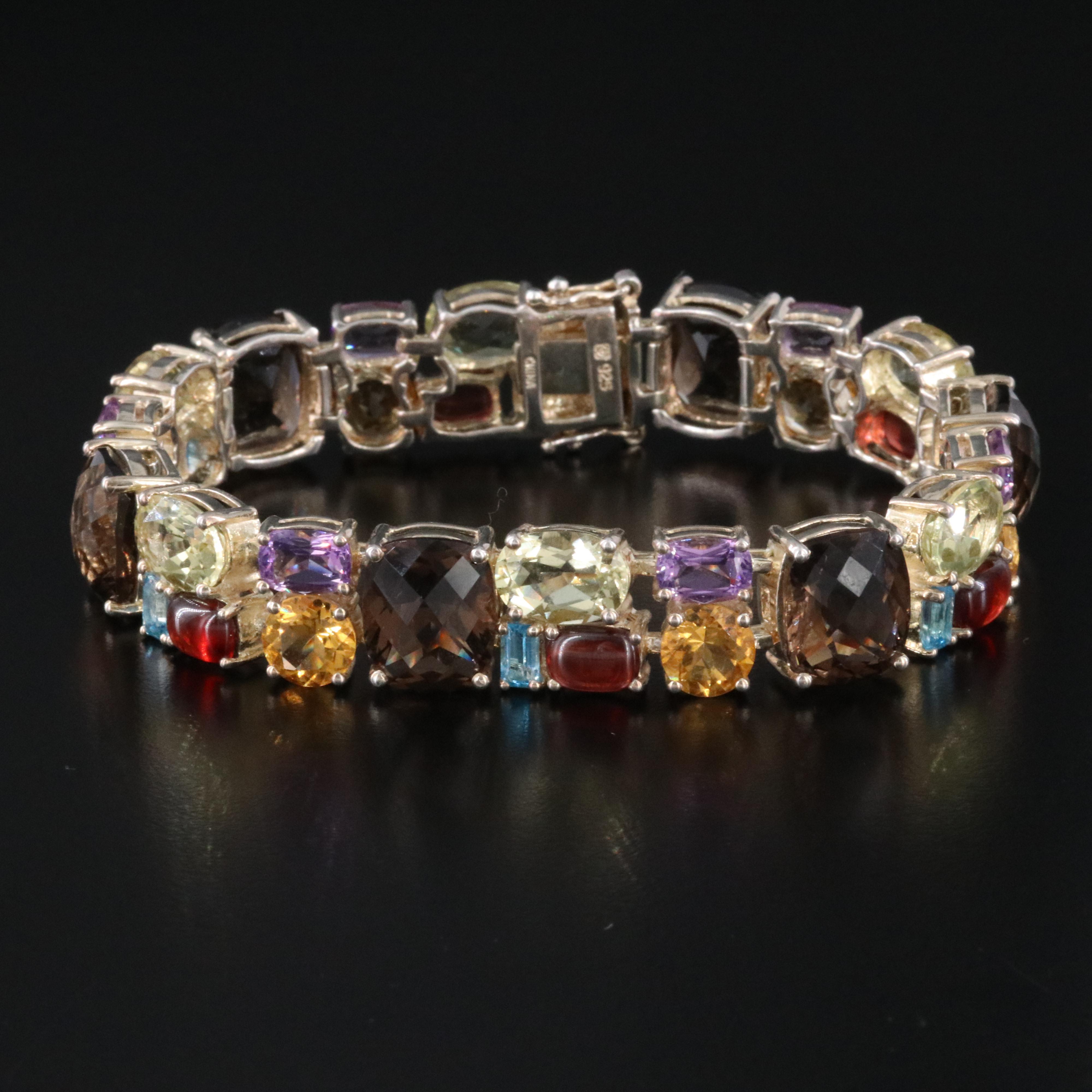 Sterling Smoky Quartz, Topaz and Amethyst Link Bracelet