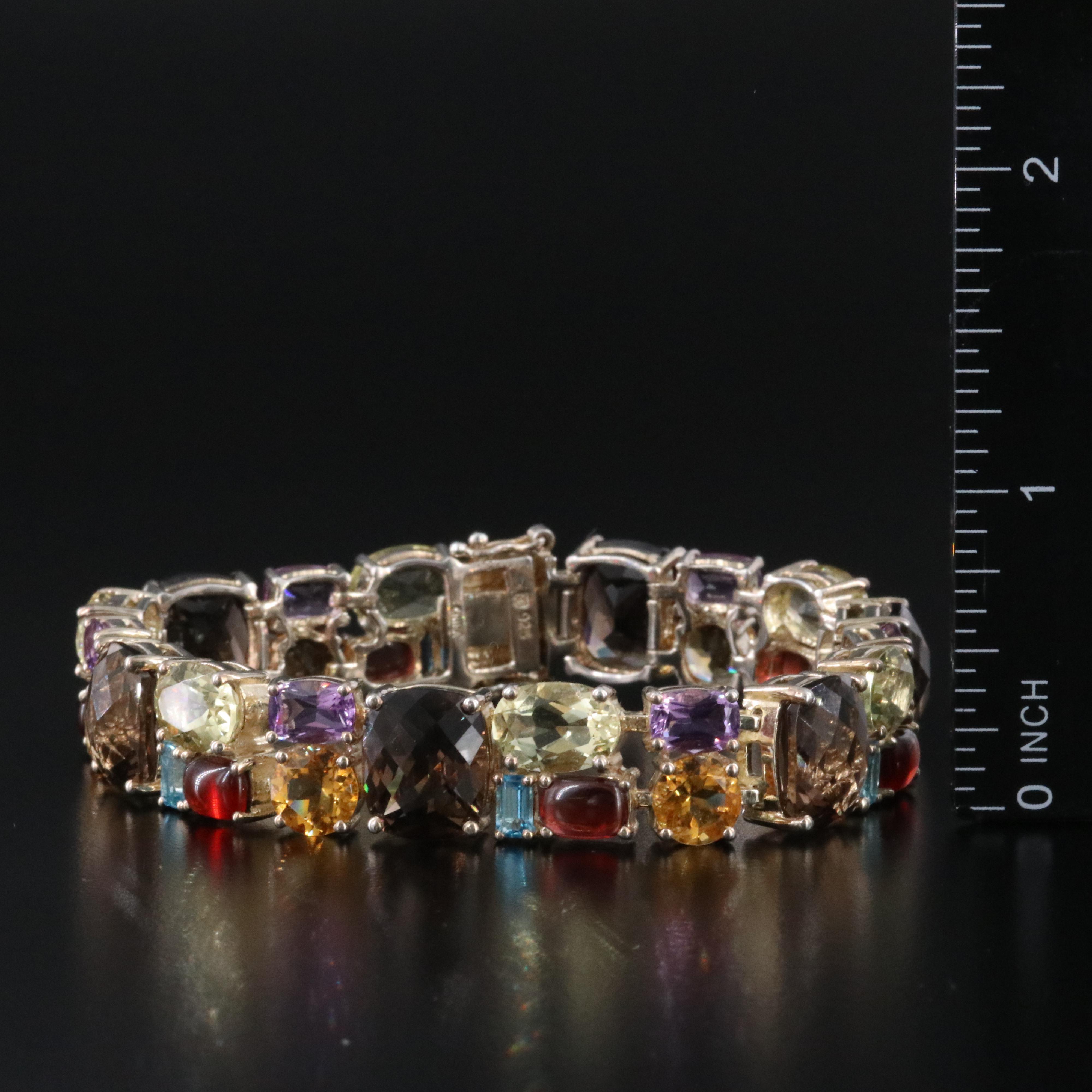 Sterling Smoky Quartz, Topaz and Amethyst Link Bracelet