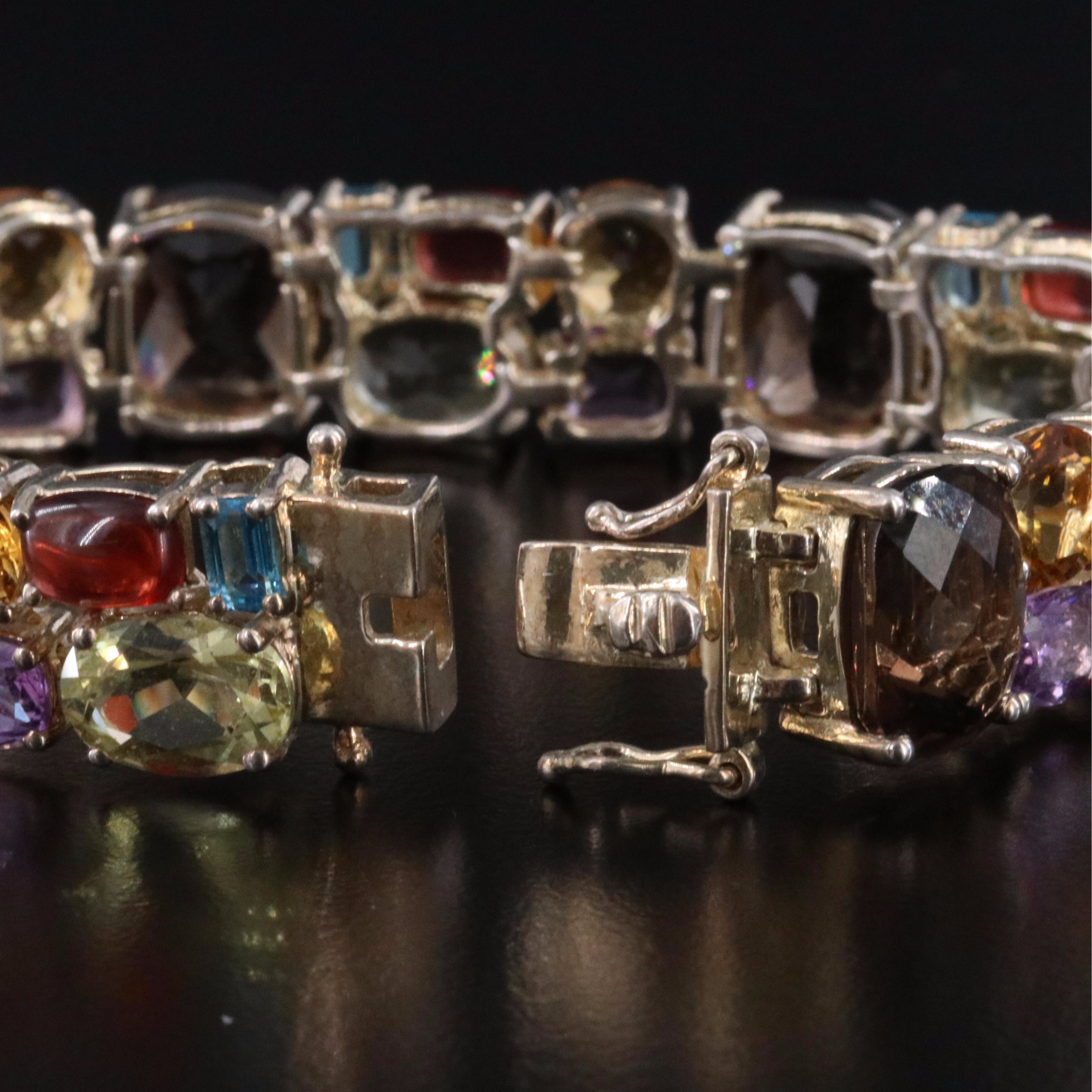 Sterling Smoky Quartz, Topaz and Amethyst Link Bracelet