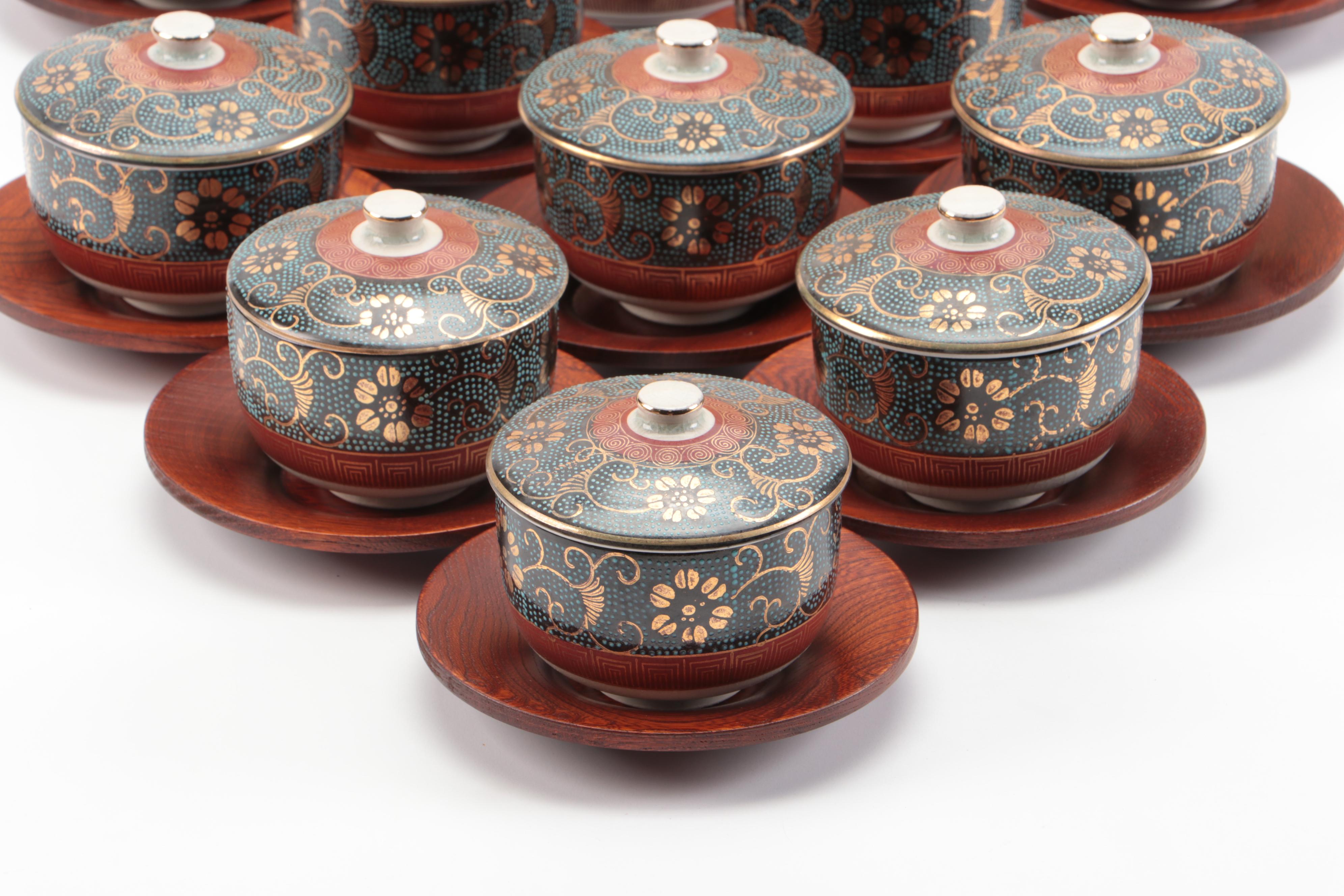 Japanese Kutani Ware Porcelain Teapot and Lidded Teacups with Wood Coasters