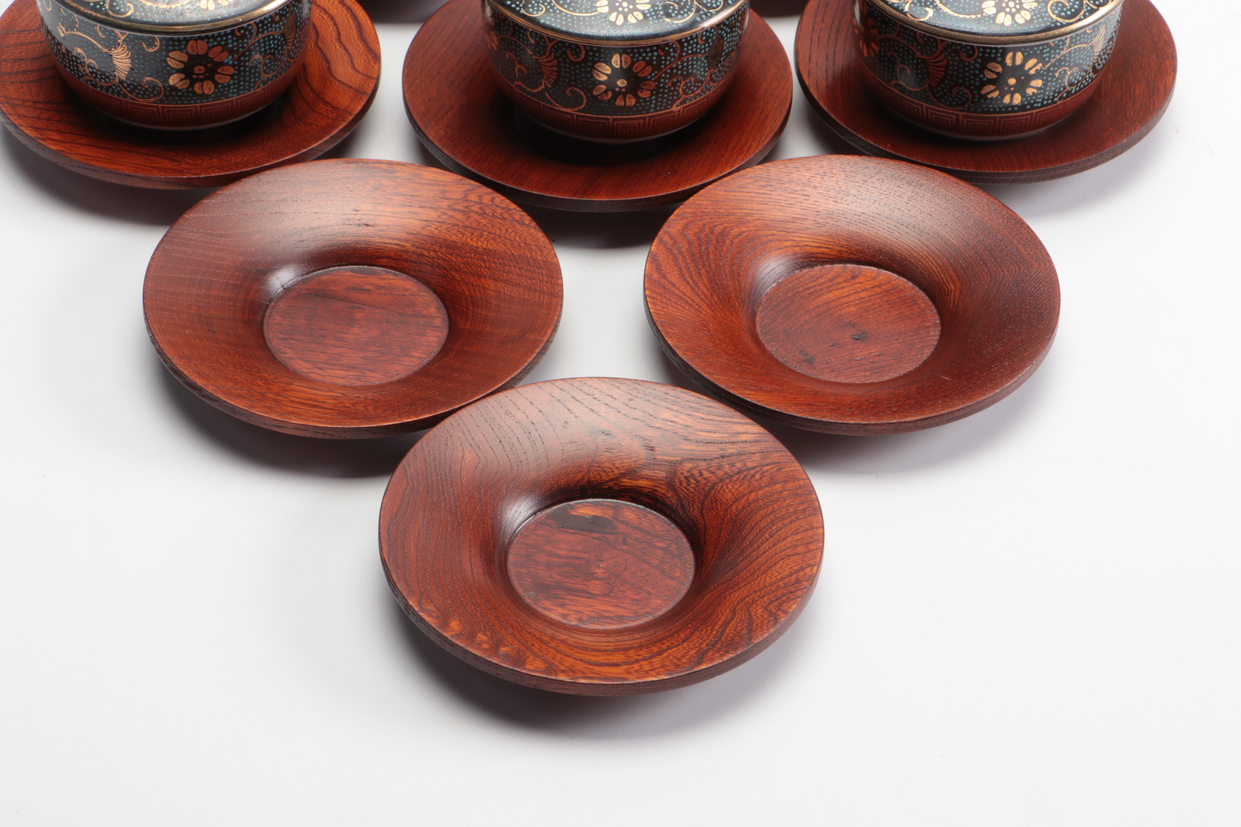 Japanese Kutani Ware Porcelain Teapot and Lidded Teacups with Wood Coasters