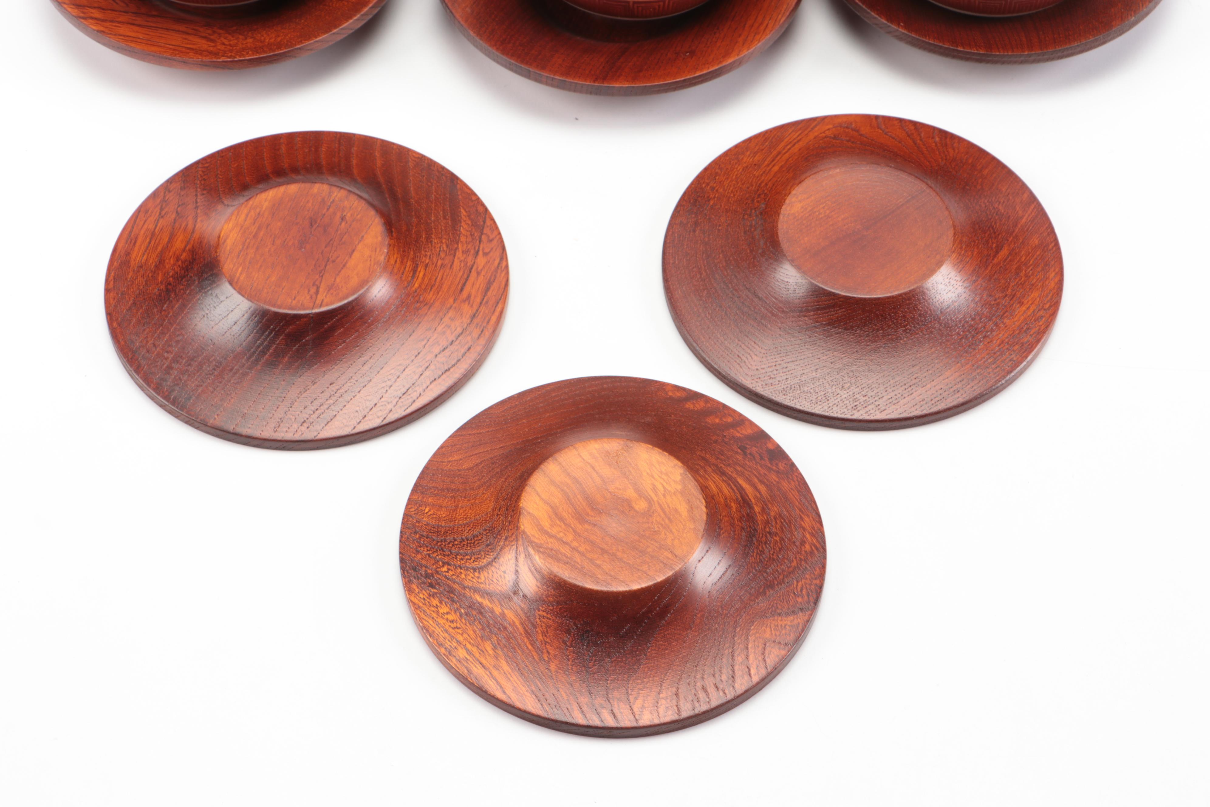 Japanese Kutani Ware Porcelain Teapot and Lidded Teacups with Wood Coasters