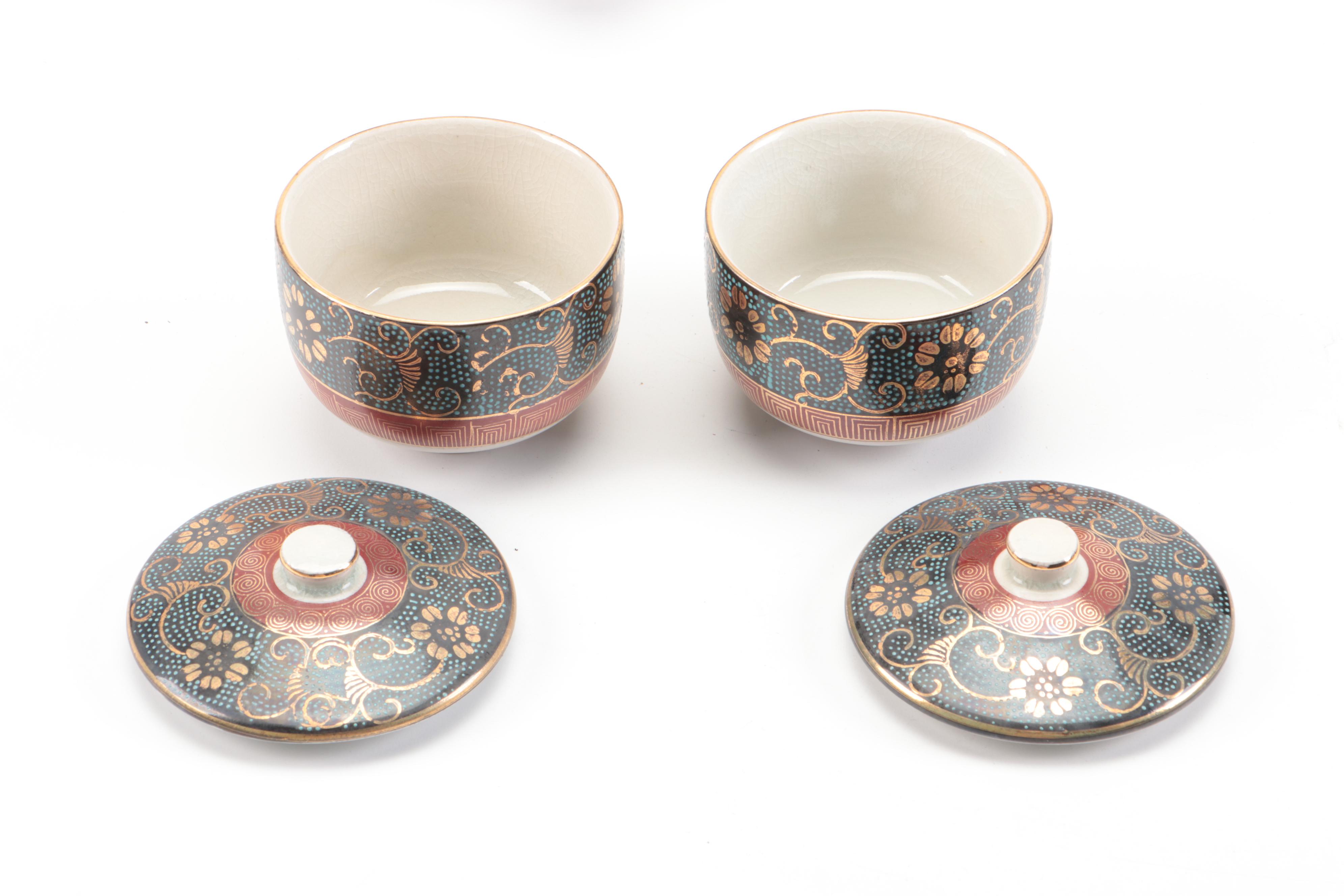 Japanese Kutani Ware Porcelain Teapot and Lidded Teacups with Wood Coasters