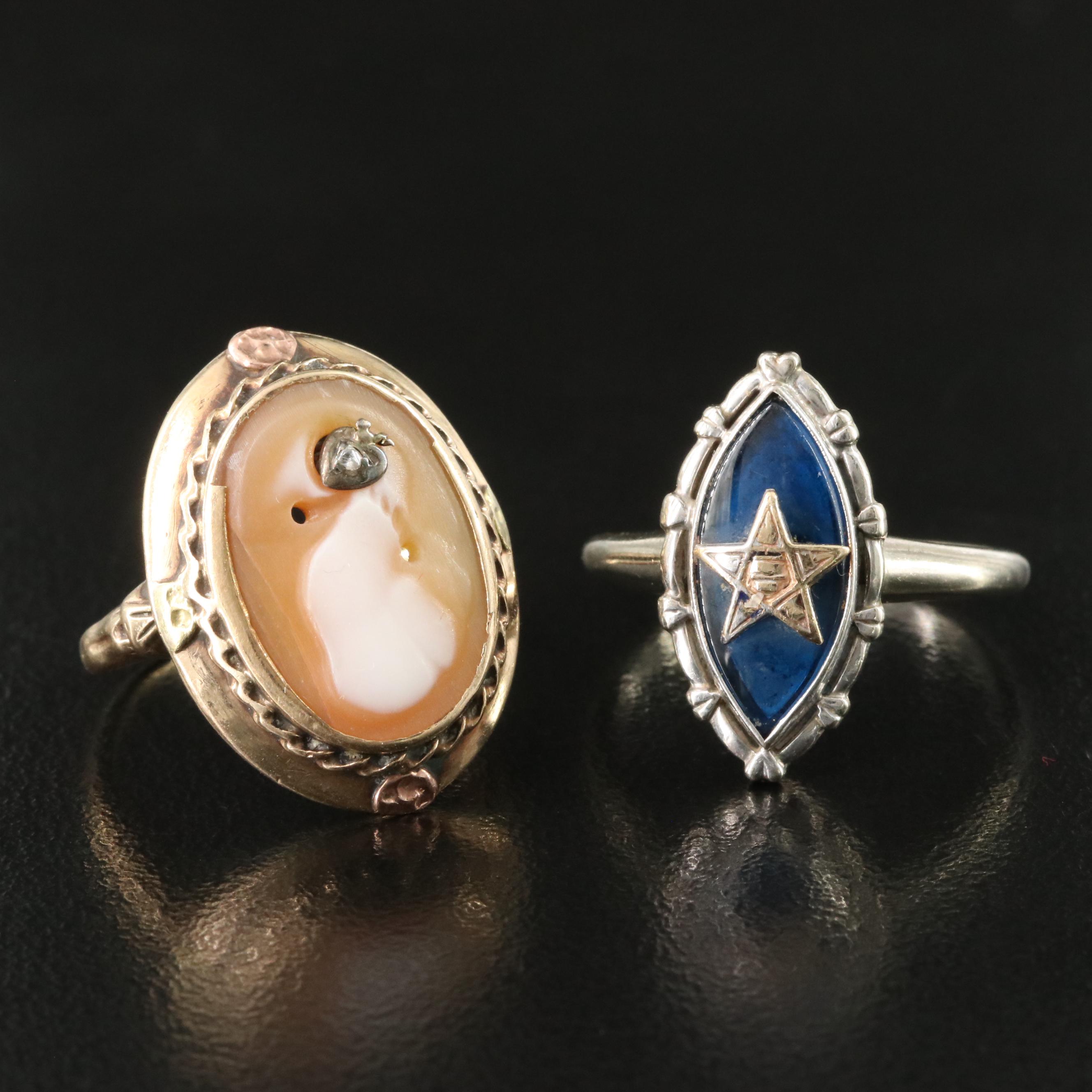 Vintage 10K Spinel Order of the Eastern Star and Shell and Diamond Cameo Rings