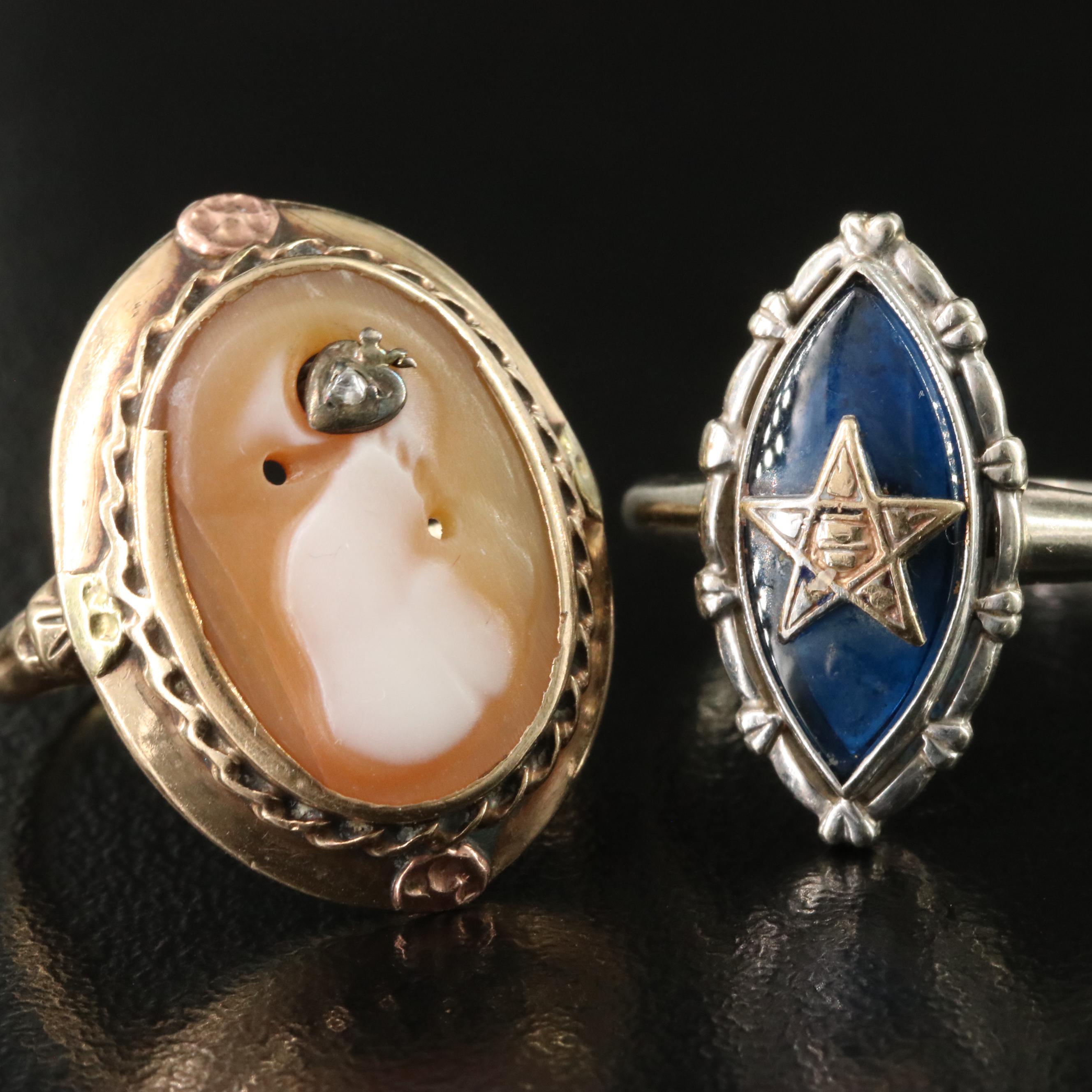 Vintage 10K Spinel Order of the Eastern Star and Shell and Diamond Cameo Rings