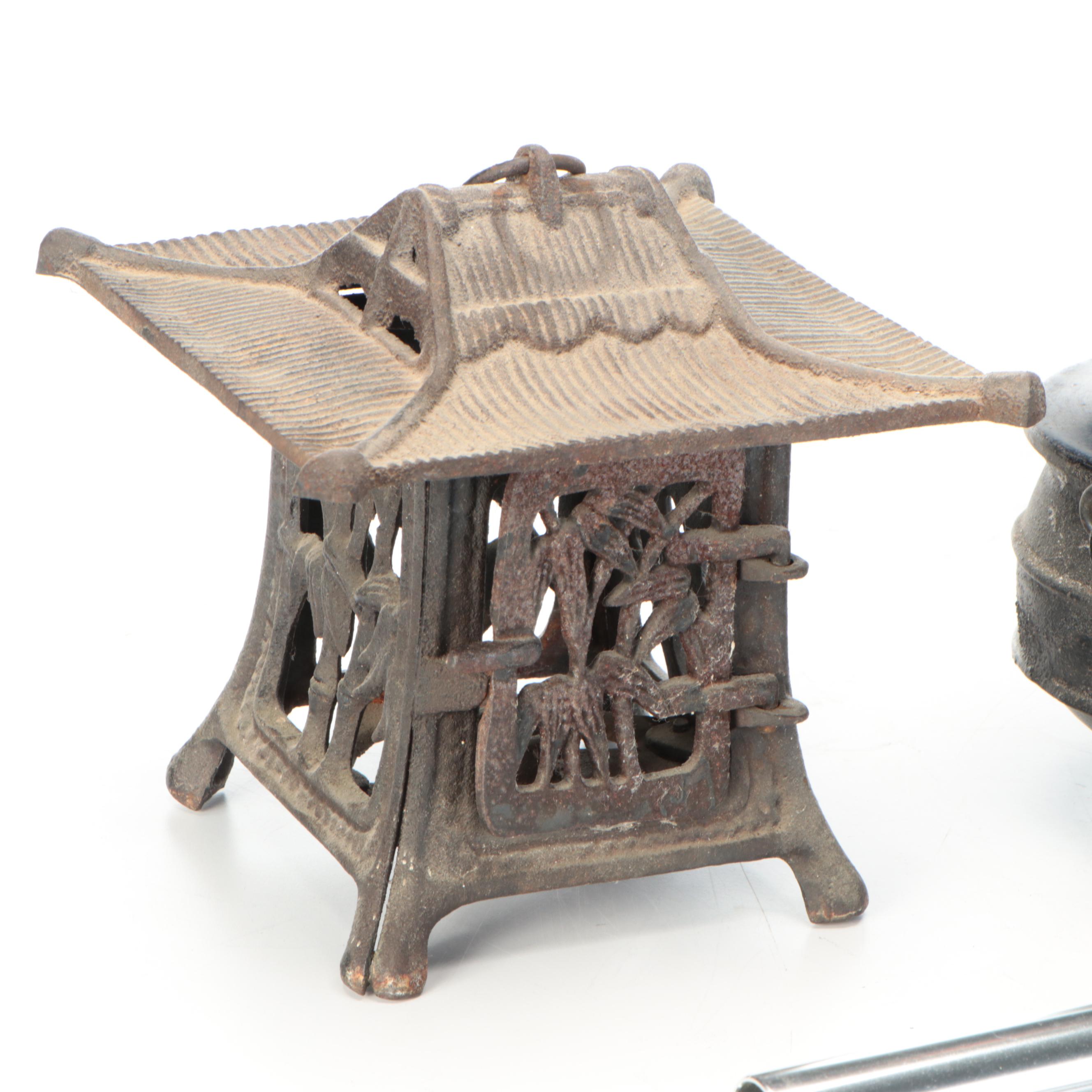 Mosaic Tile Metal Table and Glass Lantern, Other Metal and Ceramic Outdoor Décor