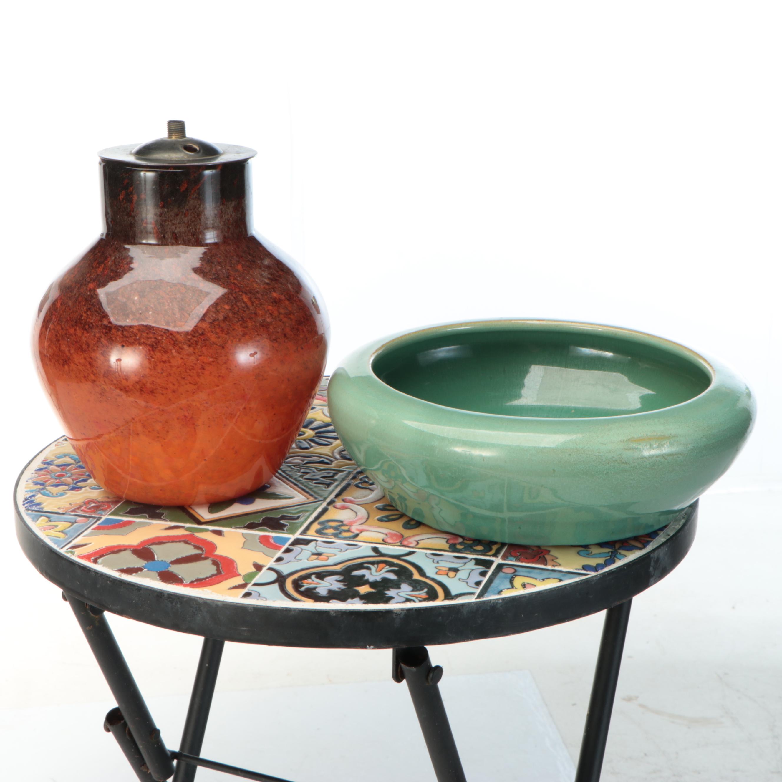 Mosaic Tile Metal Table and Glass Lantern, Other Metal and Ceramic Outdoor Décor