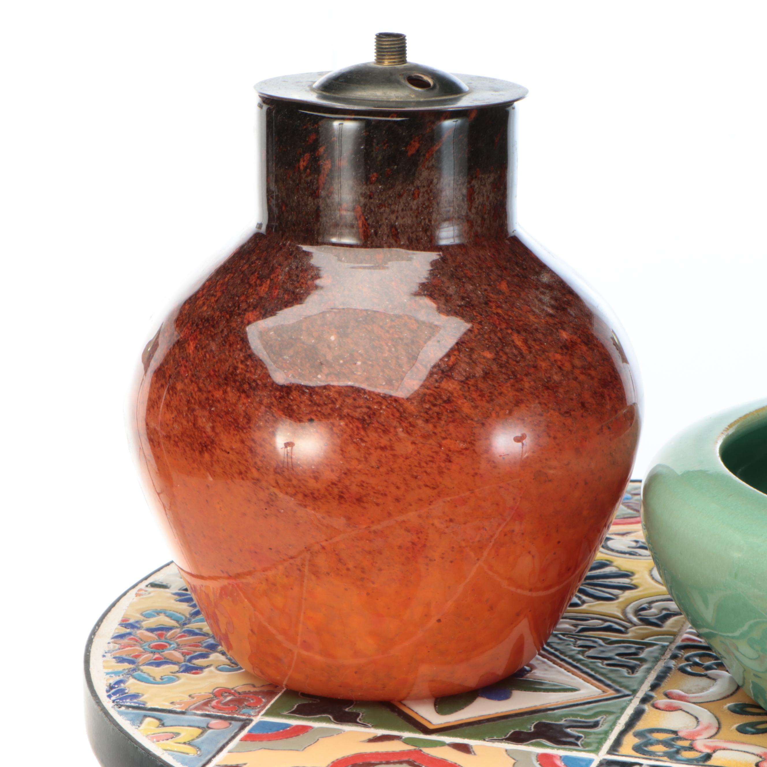 Mosaic Tile Metal Table and Glass Lantern, Other Metal and Ceramic Outdoor Décor