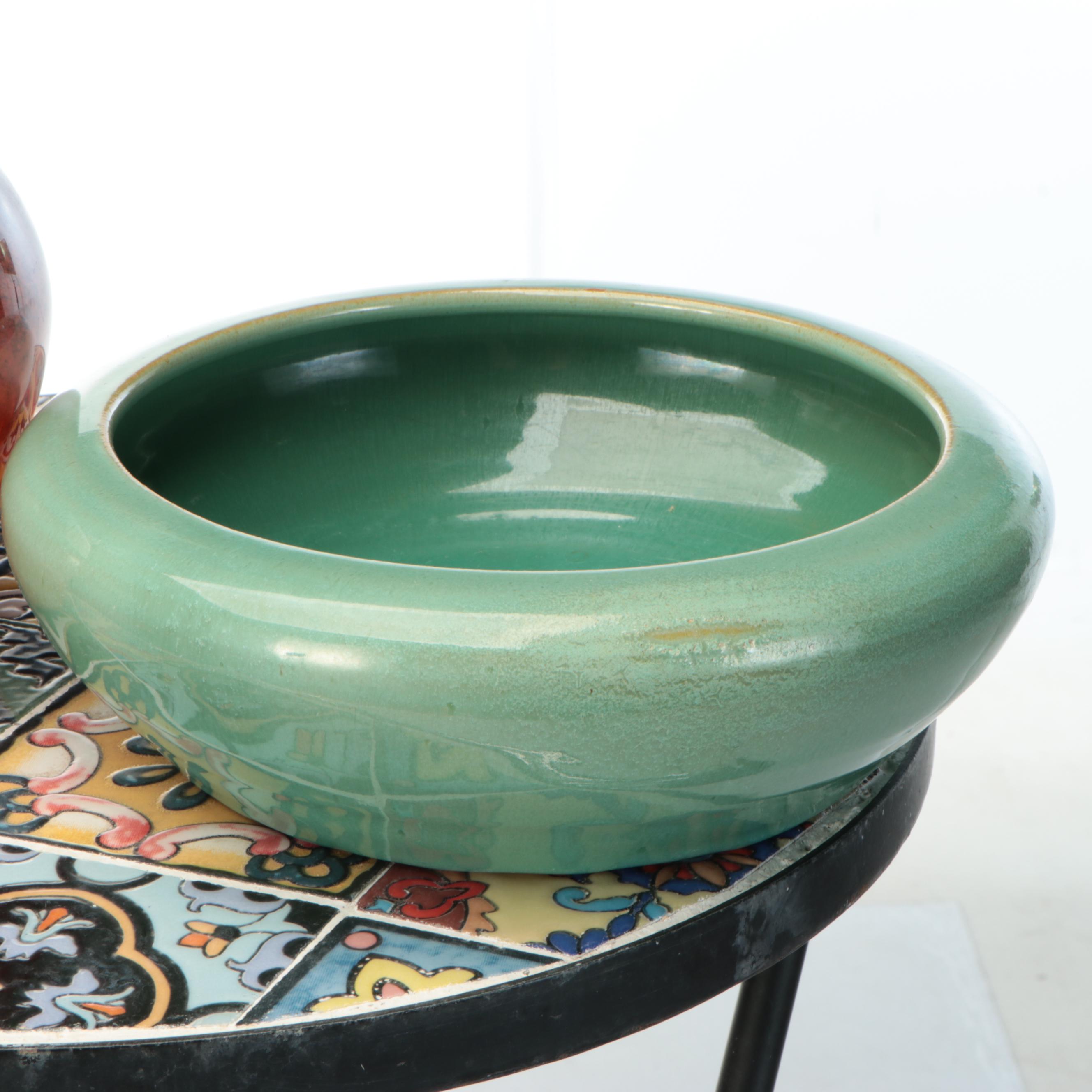 Mosaic Tile Metal Table and Glass Lantern, Other Metal and Ceramic Outdoor Décor