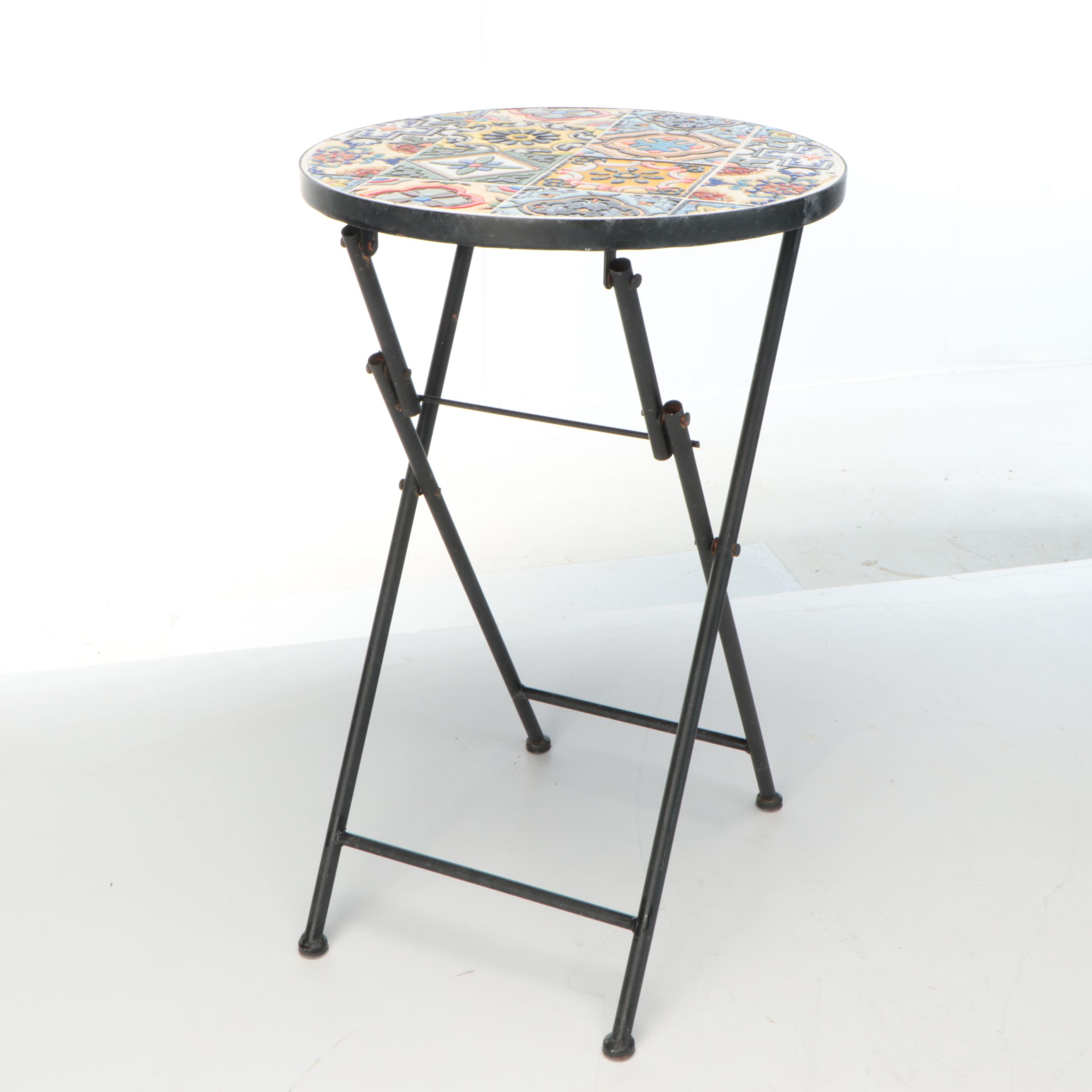 Mosaic Tile Metal Table and Glass Lantern, Other Metal and Ceramic Outdoor Décor