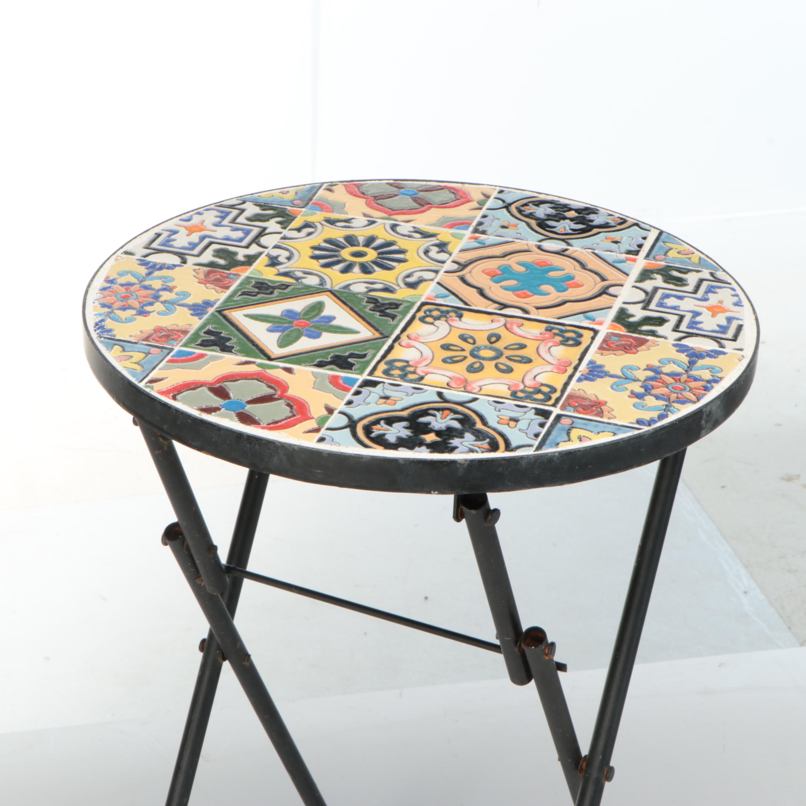 Mosaic Tile Metal Table and Glass Lantern, Other Metal and Ceramic Outdoor Décor