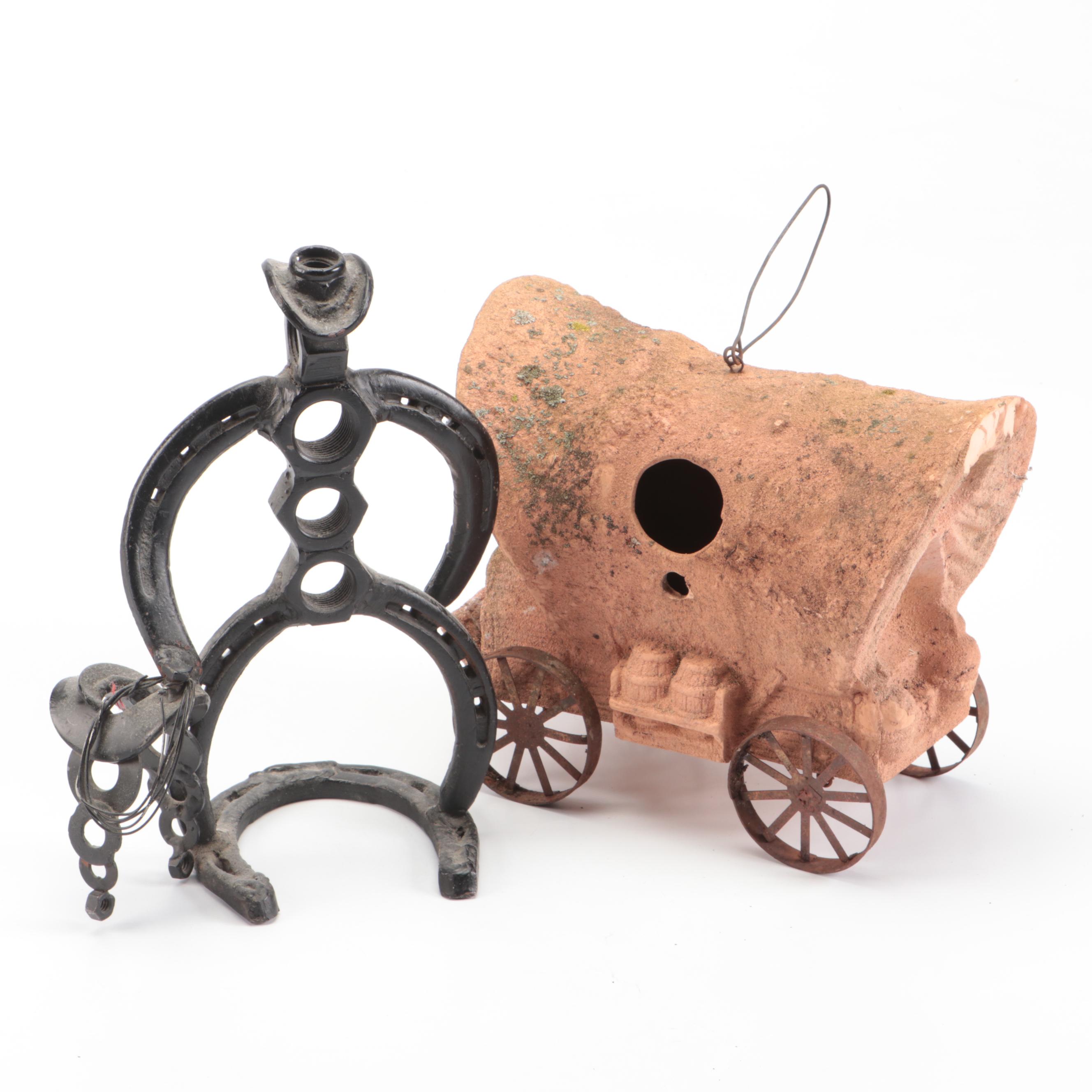 Western Style Bolts and Horseshoes Figurine with Ceramic Covered Wagon Birdhouse