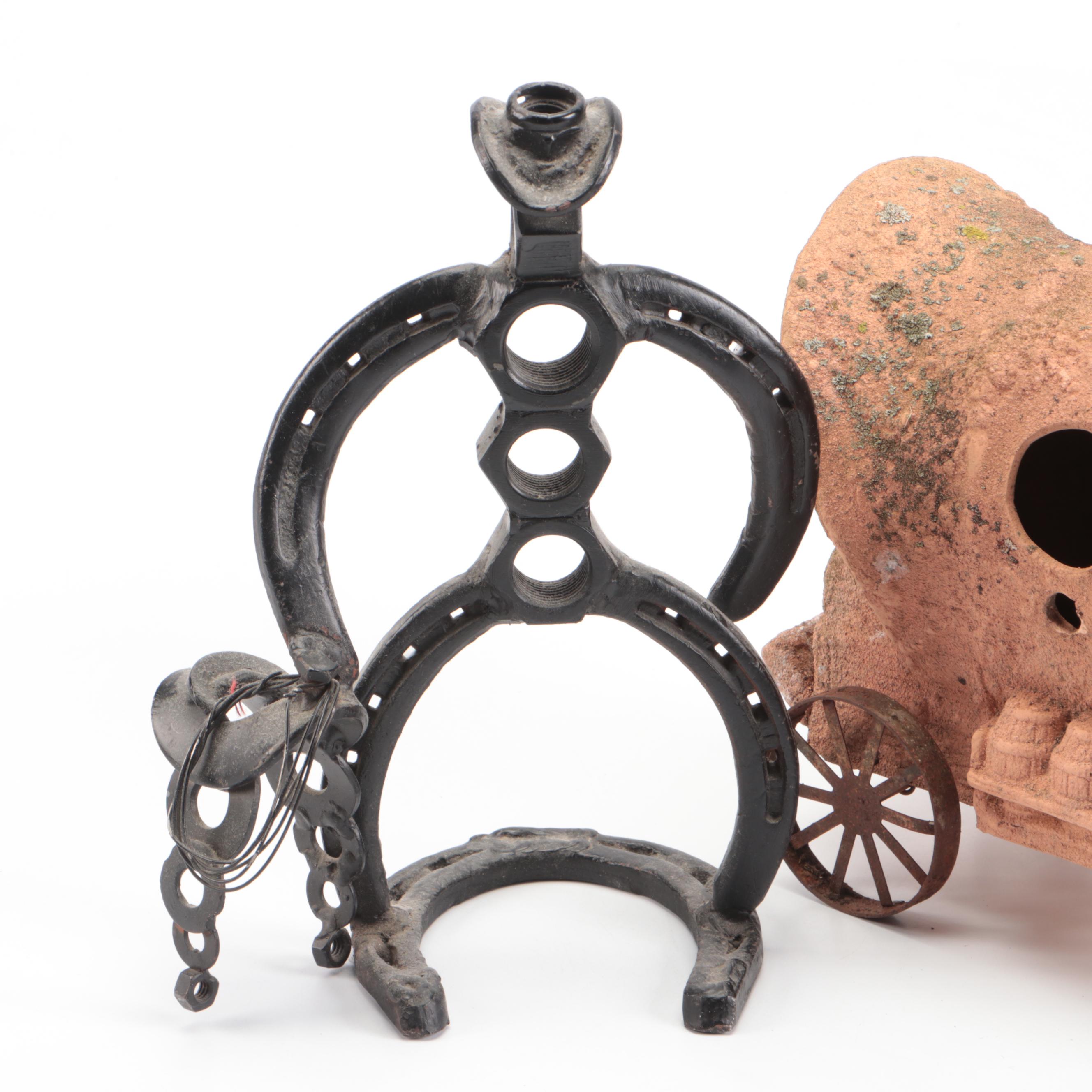 Western Style Bolts and Horseshoes Figurine with Ceramic Covered Wagon Birdhouse