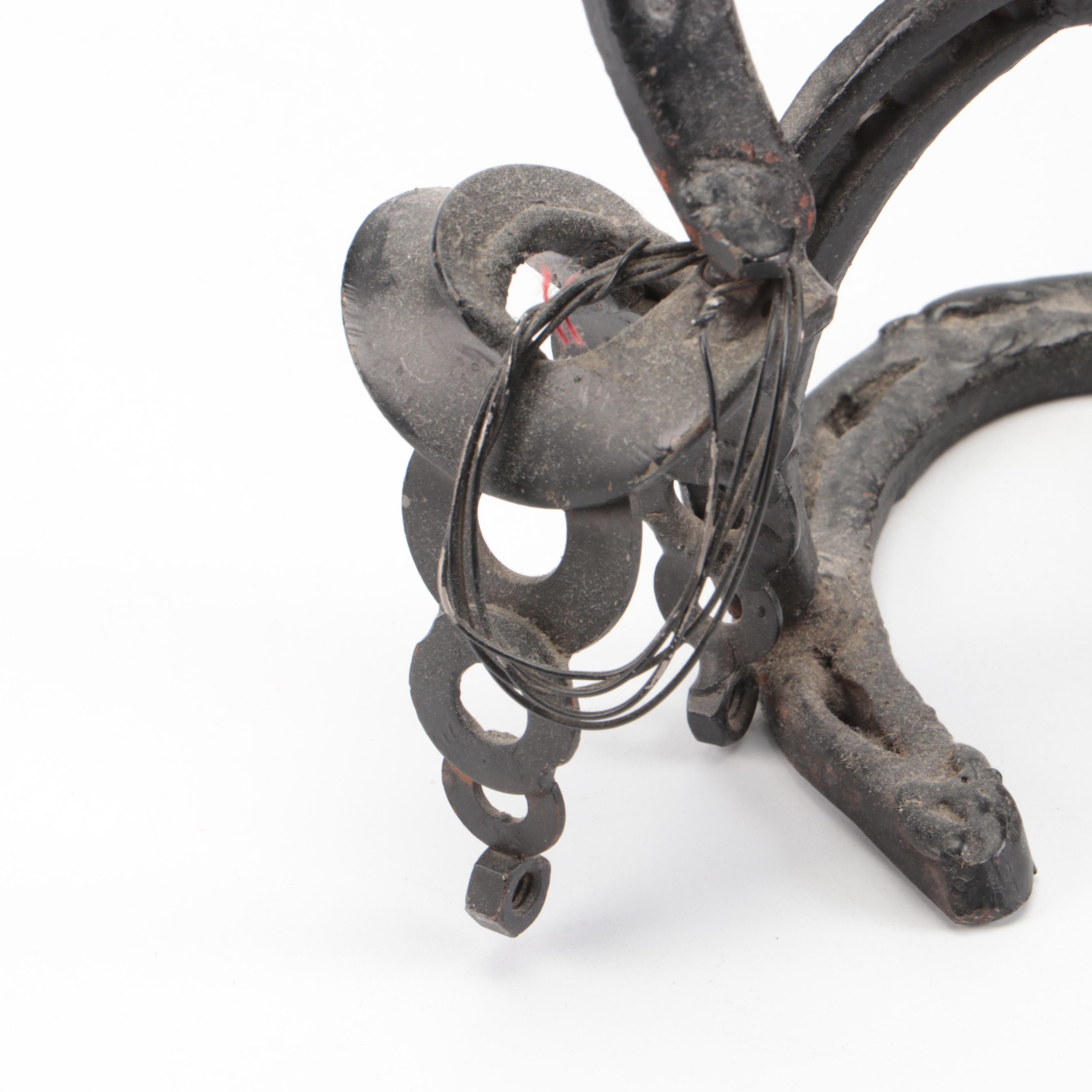 Western Style Bolts and Horseshoes Figurine with Ceramic Covered Wagon Birdhouse