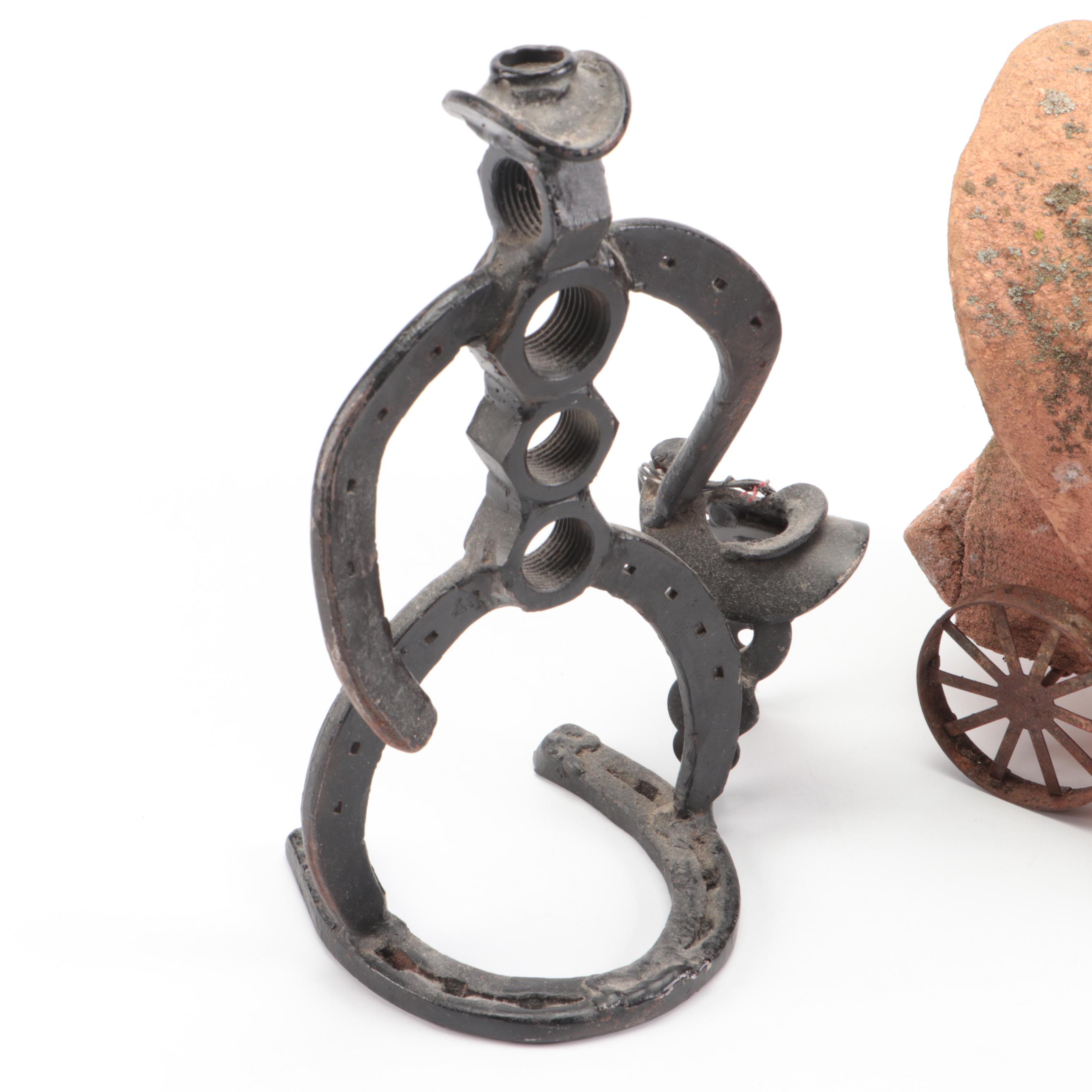 Western Style Bolts and Horseshoes Figurine with Ceramic Covered Wagon Birdhouse