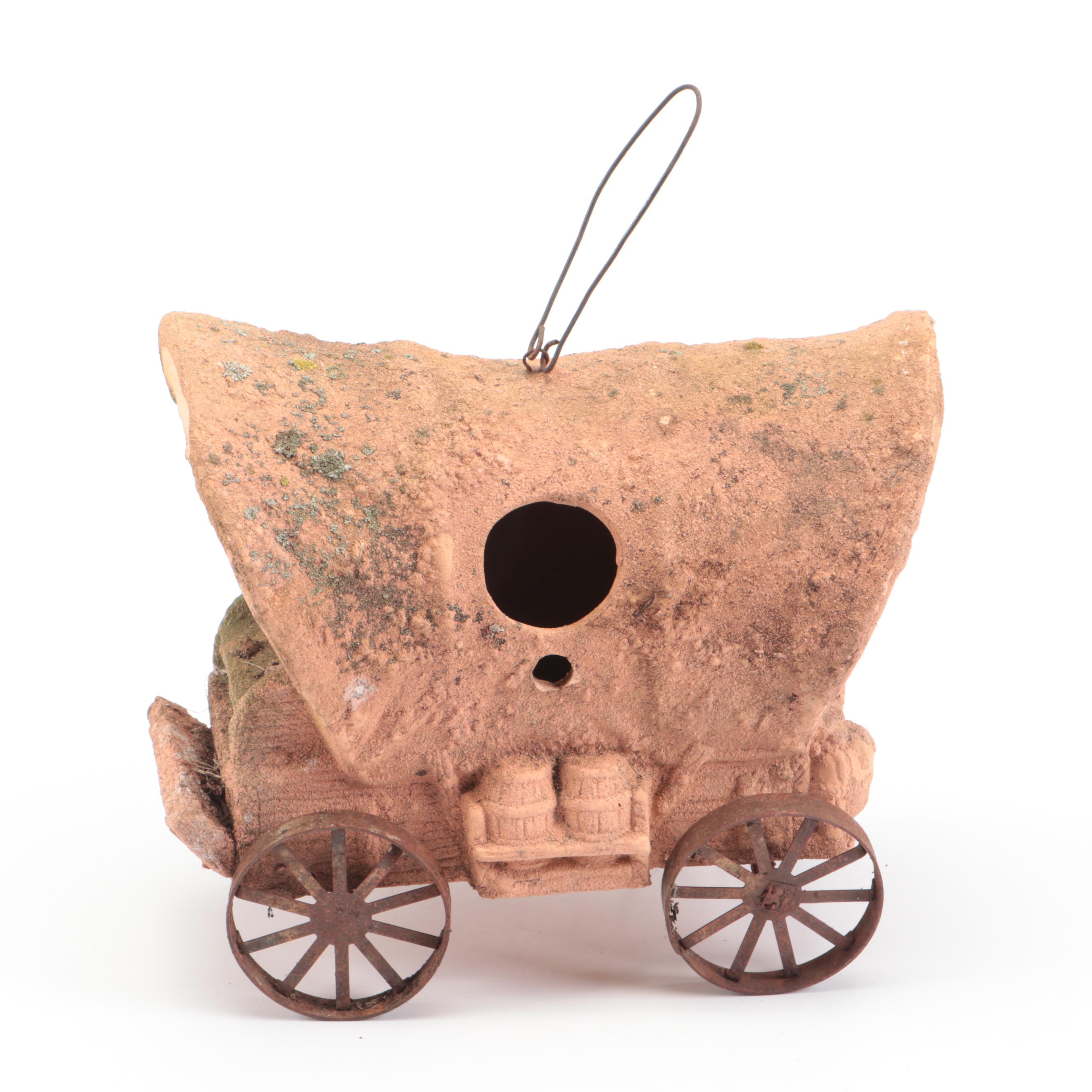 Western Style Bolts and Horseshoes Figurine with Ceramic Covered Wagon Birdhouse