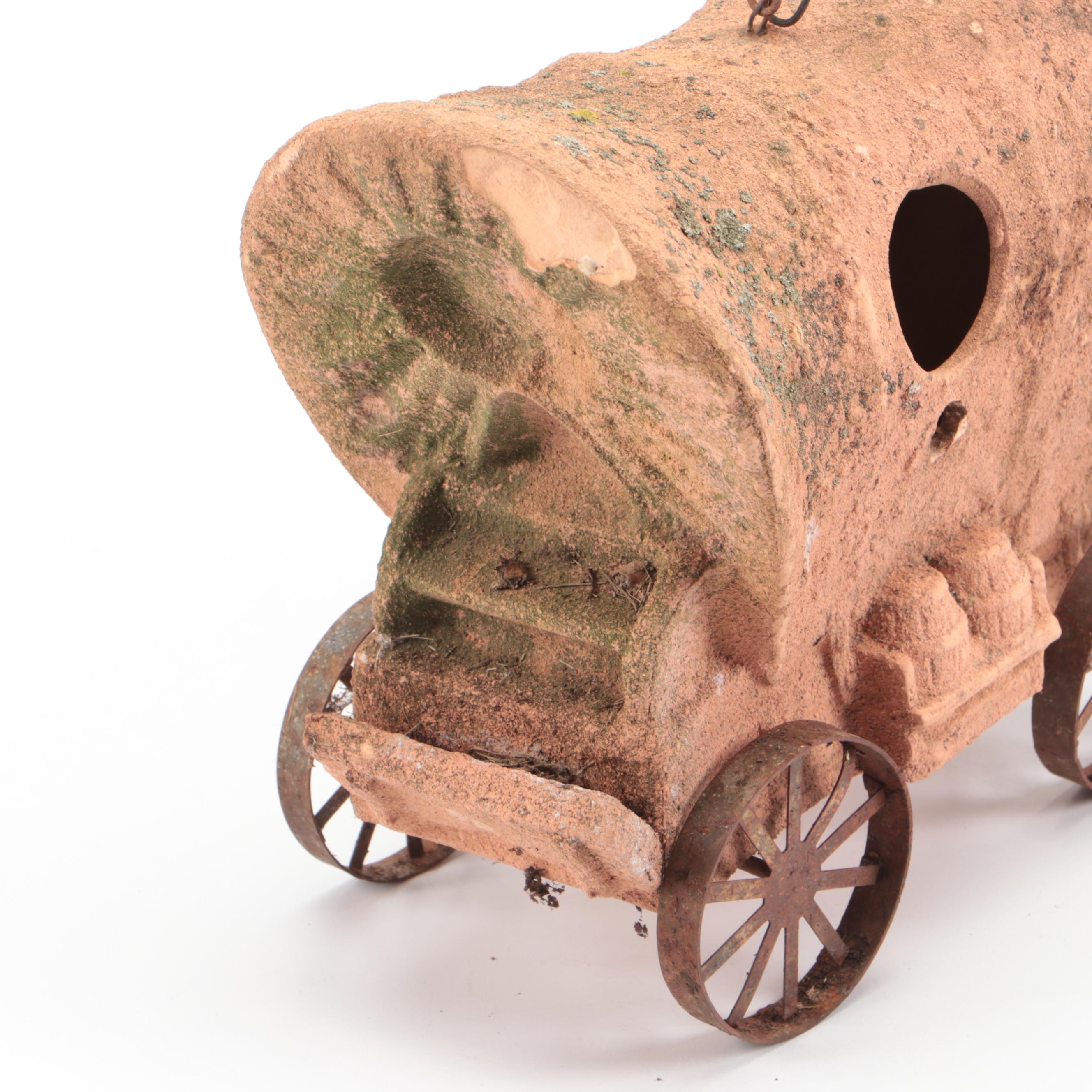 Western Style Bolts and Horseshoes Figurine with Ceramic Covered Wagon Birdhouse
