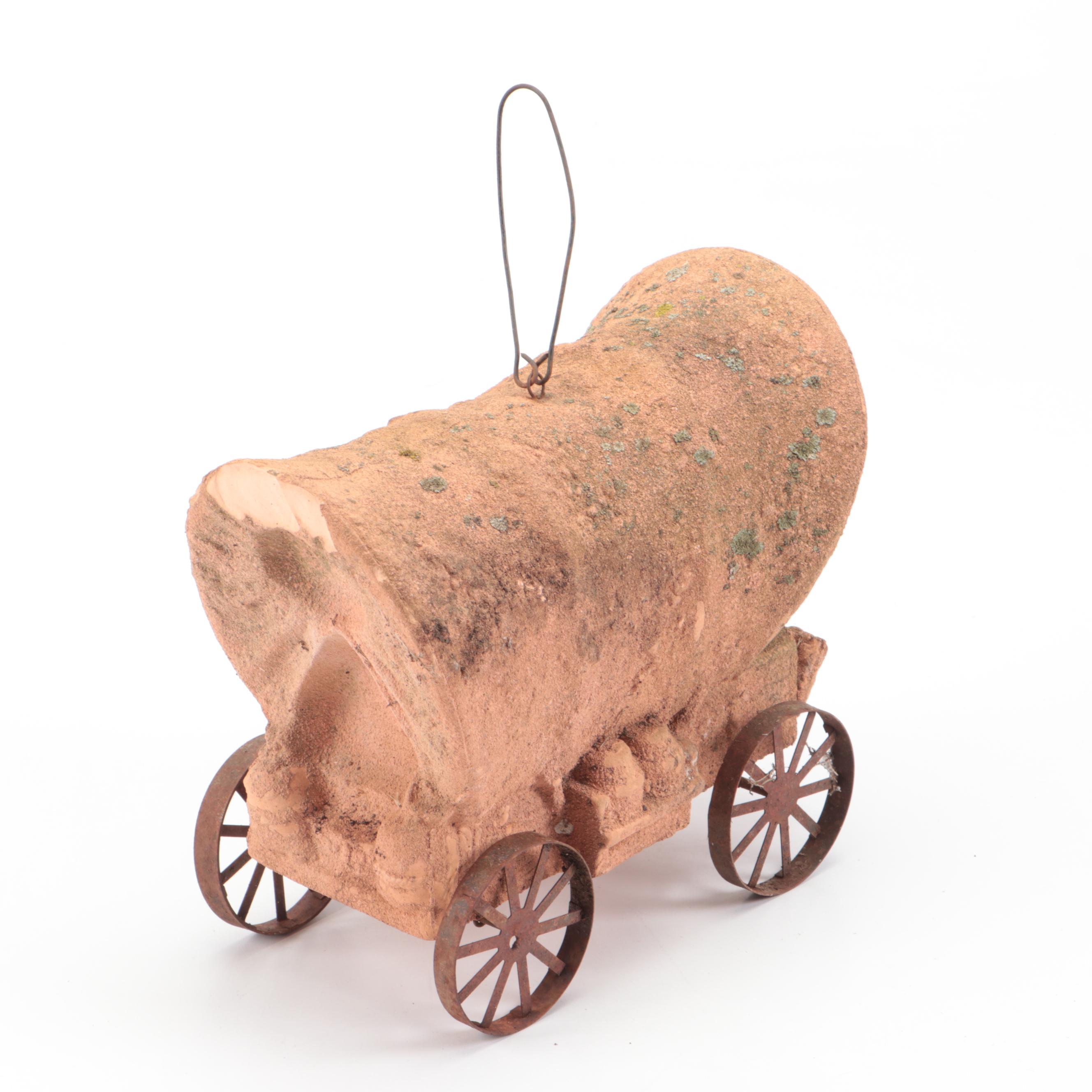 Western Style Bolts and Horseshoes Figurine with Ceramic Covered Wagon Birdhouse