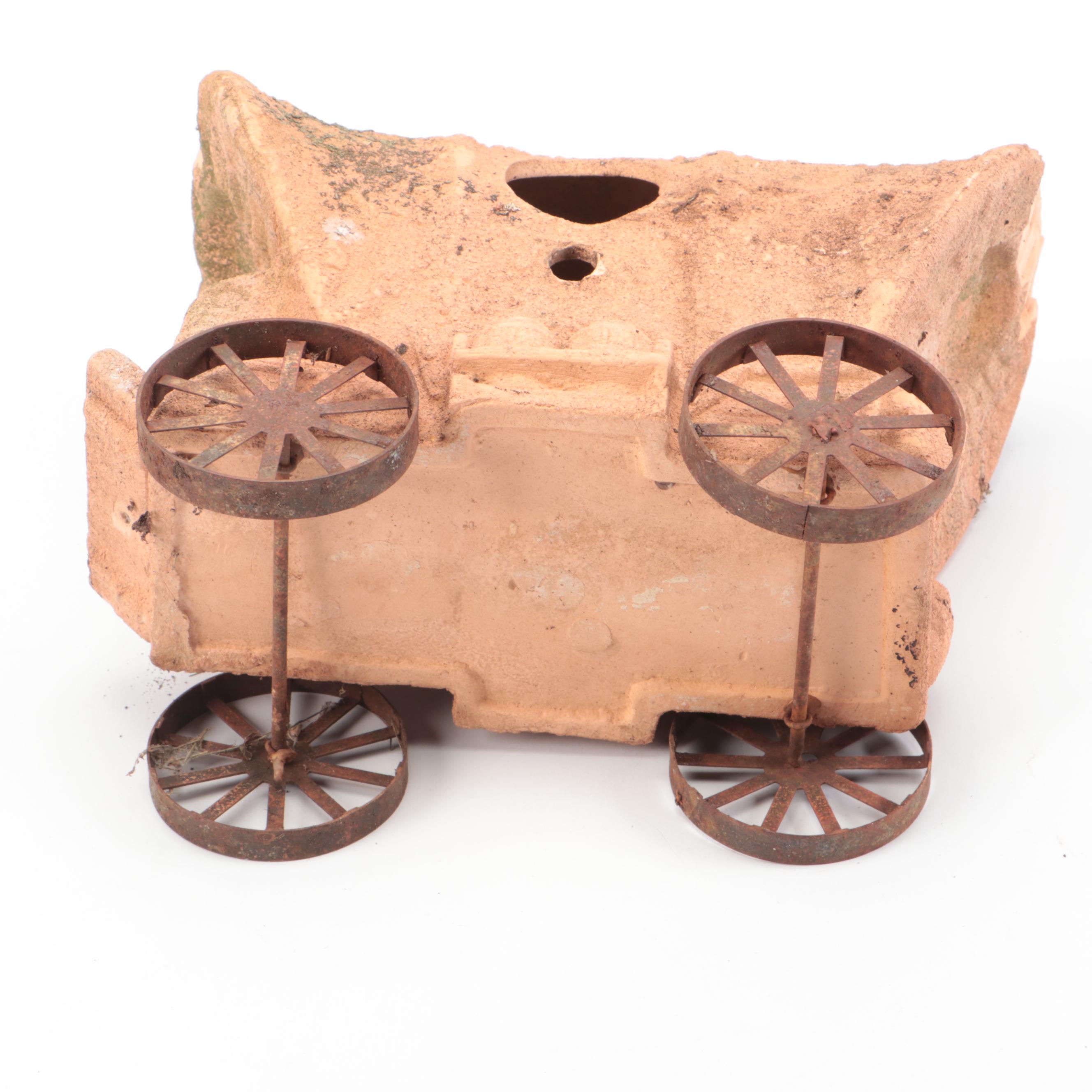 Western Style Bolts and Horseshoes Figurine with Ceramic Covered Wagon Birdhouse