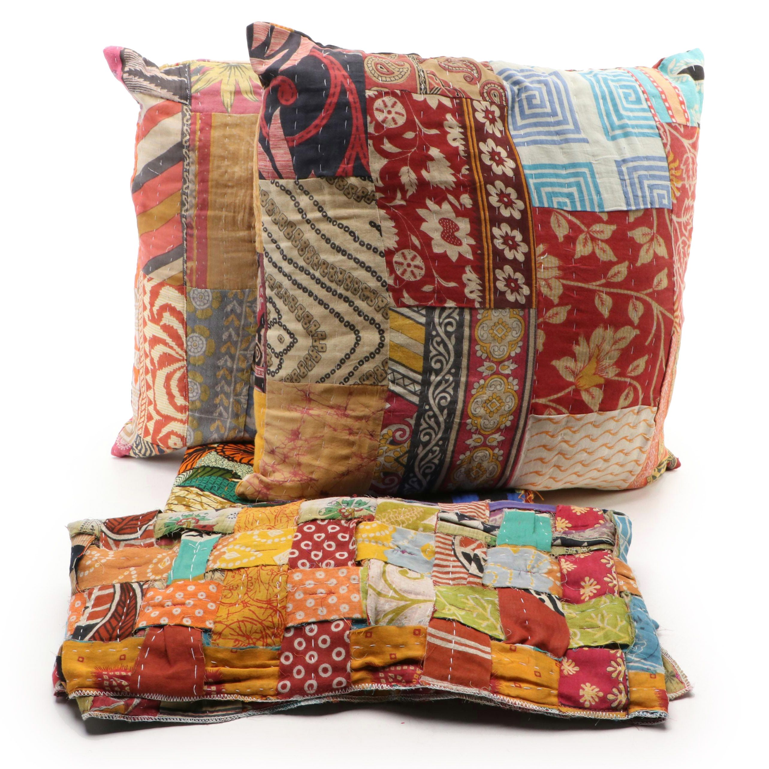 Indian Kantha Quilt Hand-Stitched Coverlets and Accent Pillows