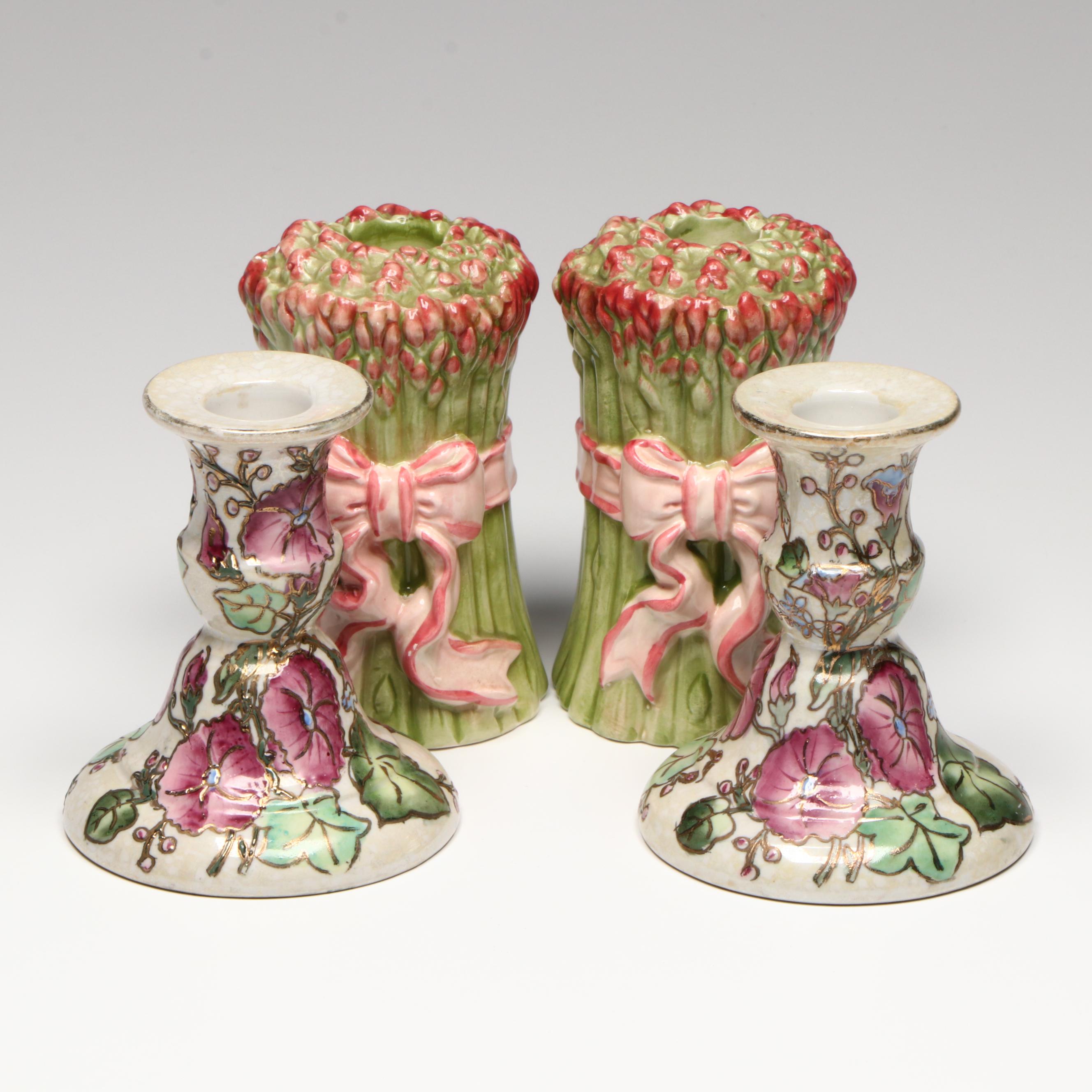Jena Hall Toyo Hand-Painted Floral with Fitz & Floyd Asparagus Candlesticks