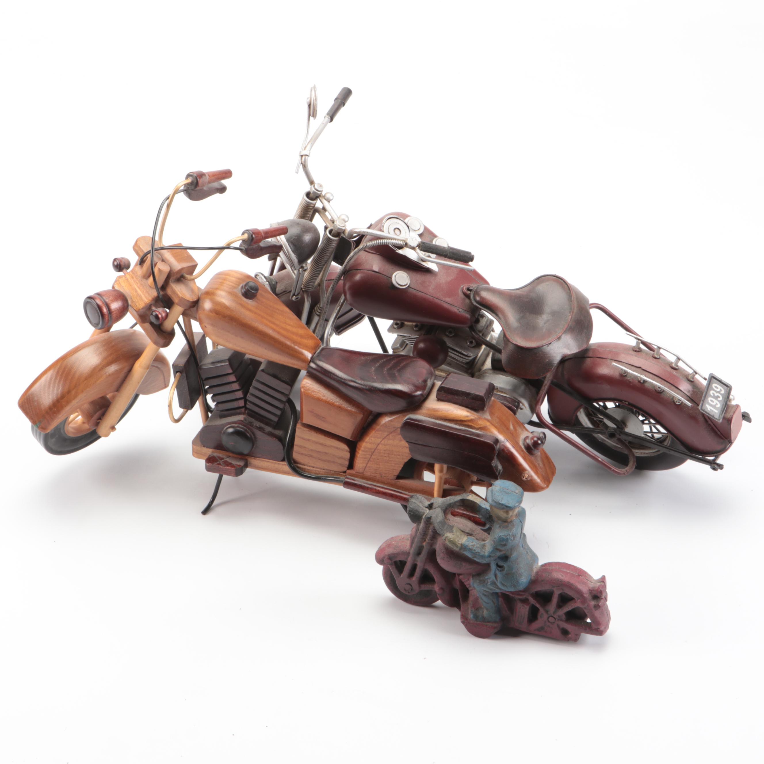 Cold-Painted Cast Iron Motorcyclist, Retro Metal & Wood Handmade Choppers