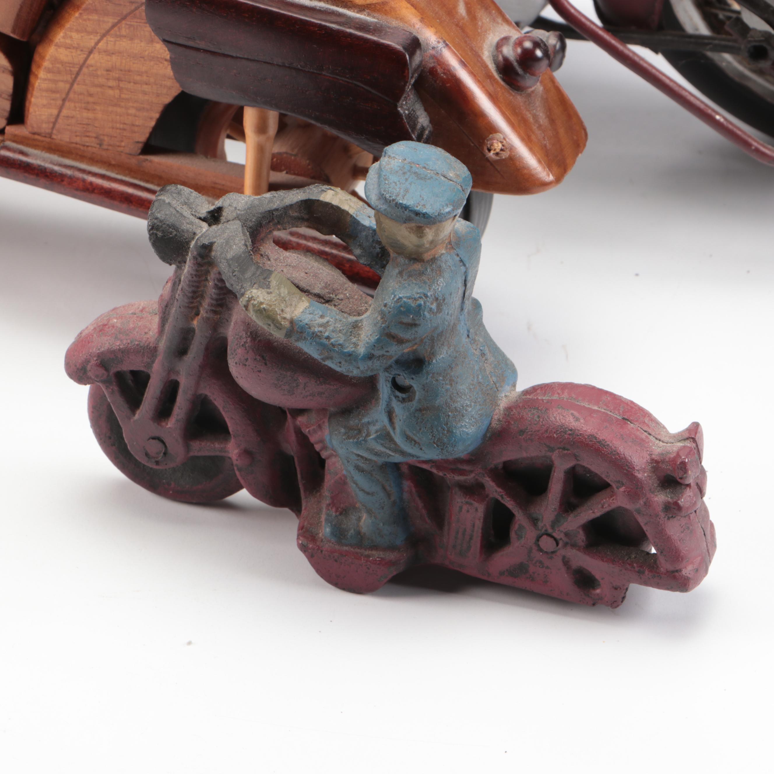 Cold-Painted Cast Iron Motorcyclist, Retro Metal & Wood Handmade Choppers