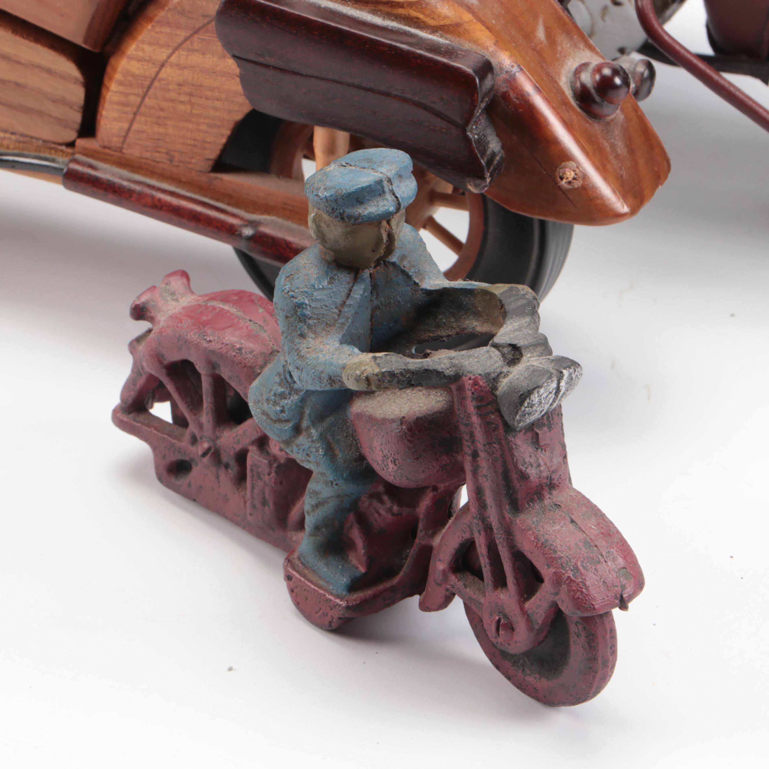 Cold-Painted Cast Iron Motorcyclist, Retro Metal & Wood Handmade Choppers