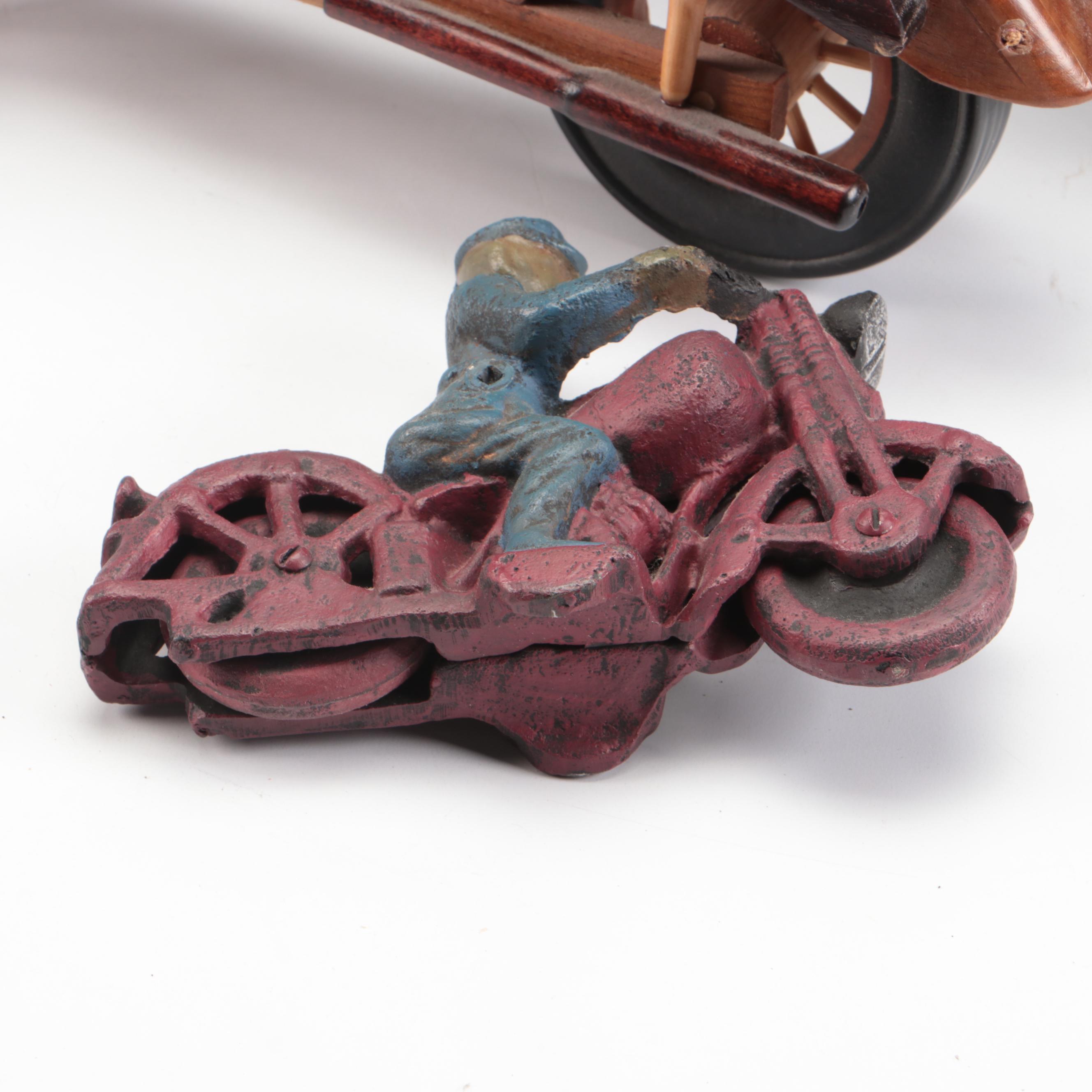 Cold-Painted Cast Iron Motorcyclist, Retro Metal & Wood Handmade Choppers