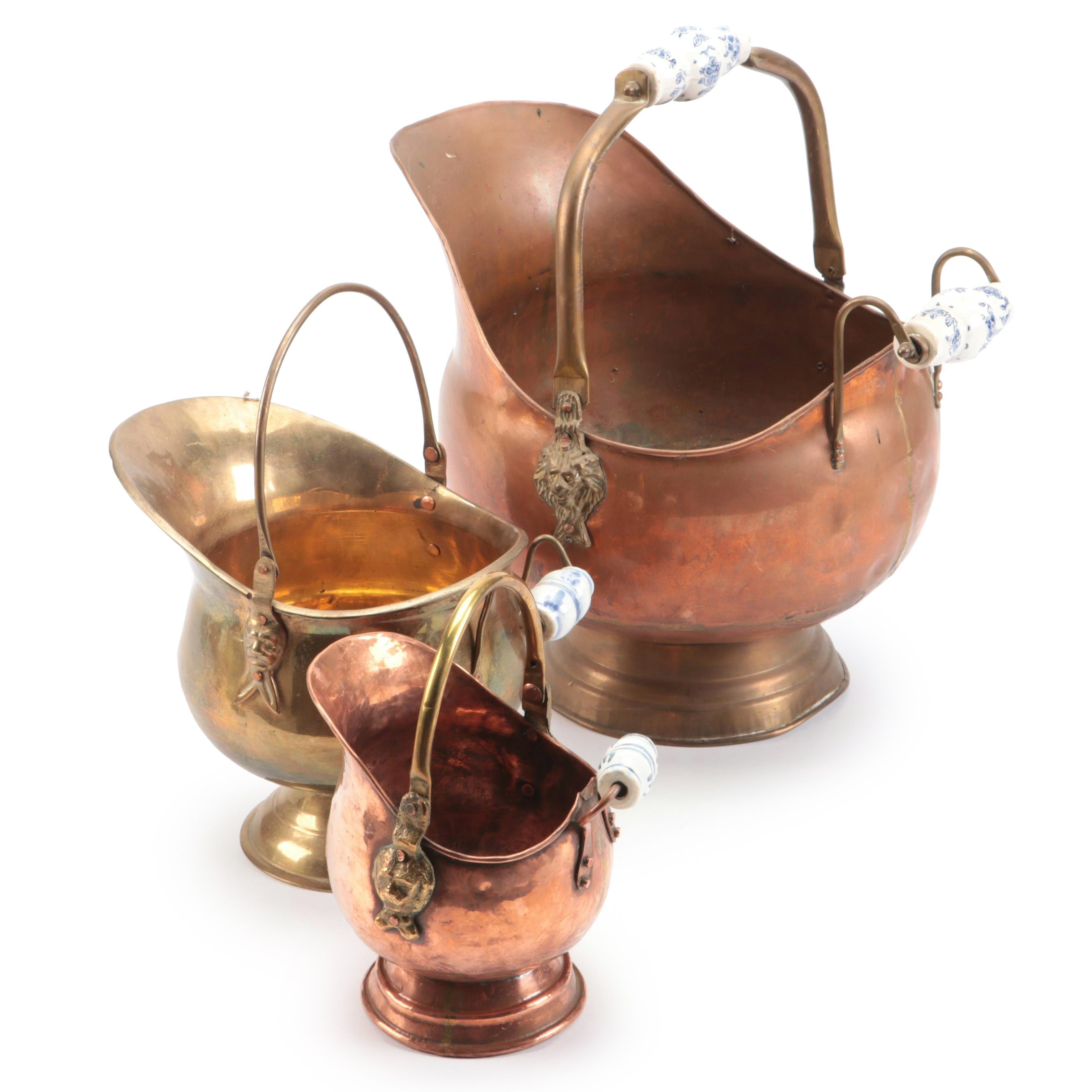 Dutch Style Copper and Brass Coal Ash Buckets with Porcelain Handles