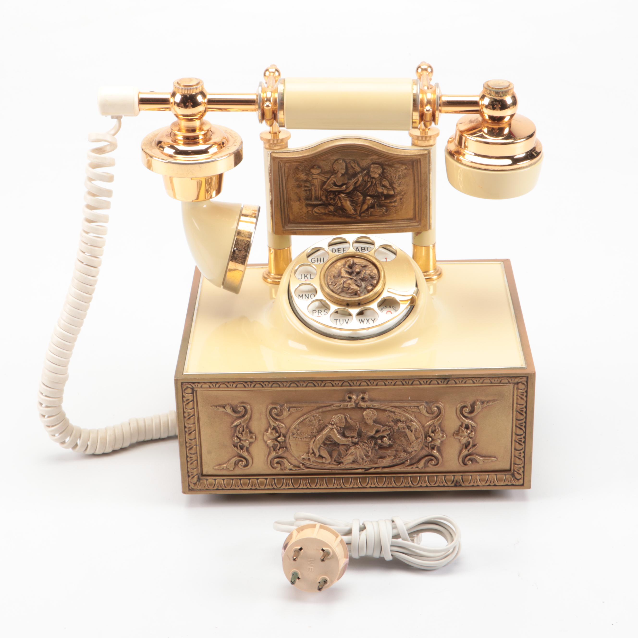 Vintage Western Electric Rotary Telephone, Glass Table Lamp, and Copper Planter