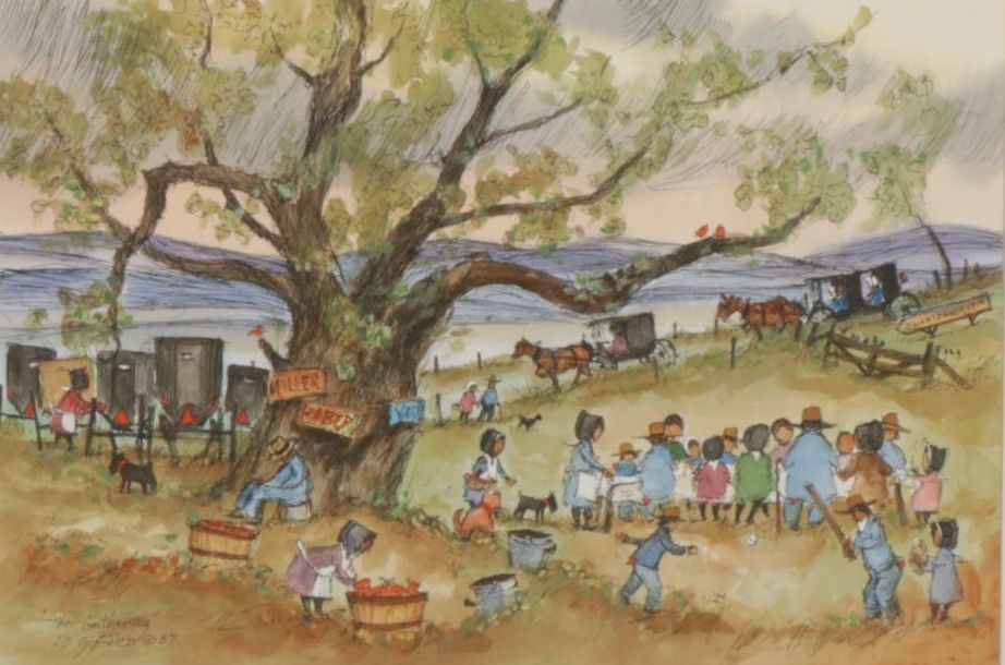 Ed Gifford "The Gathering" Watercolor Painting, 1987