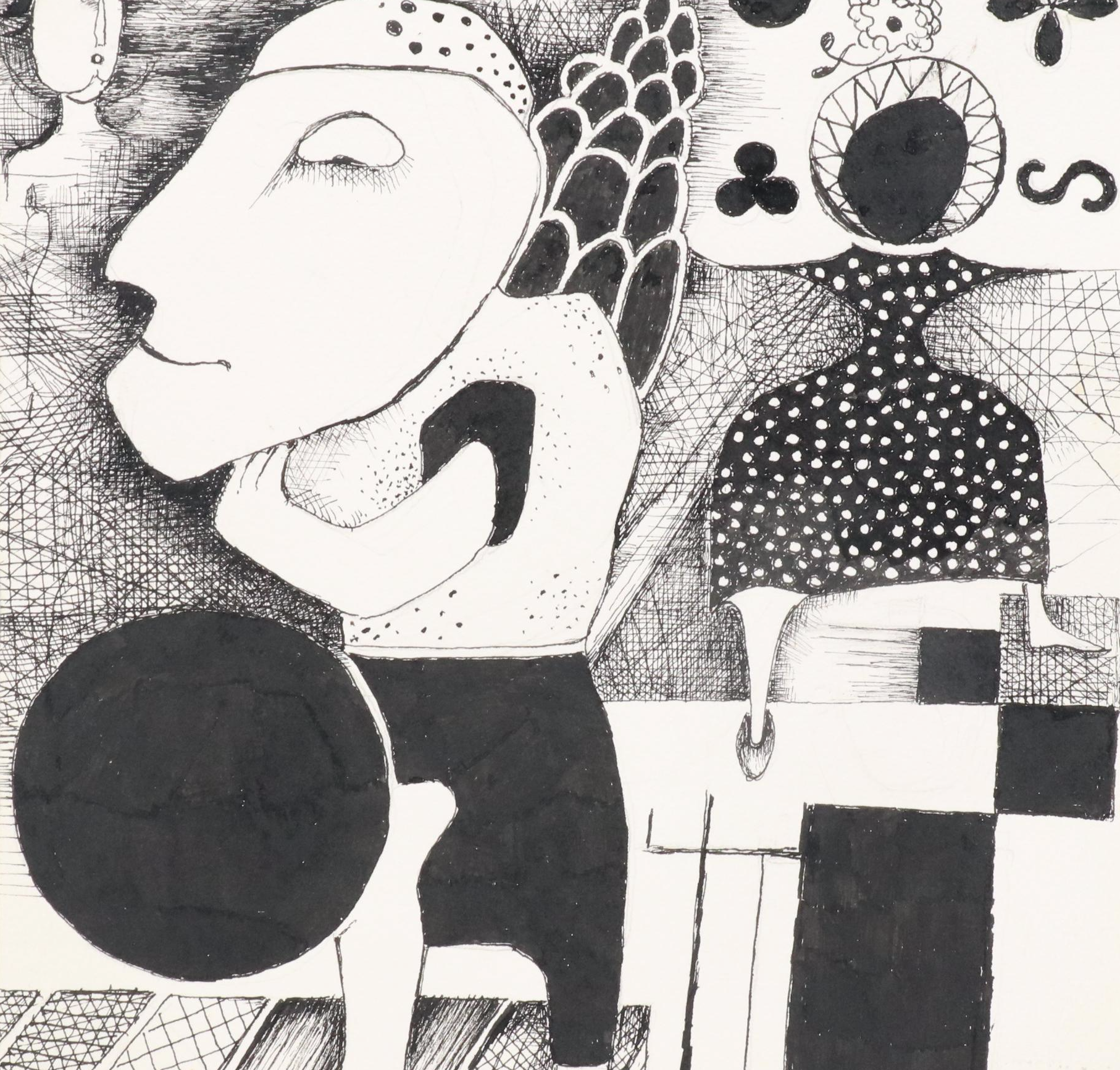 Nikolay "Kuk" Manuylov Figural Surrealist Ink Drawing, 2021