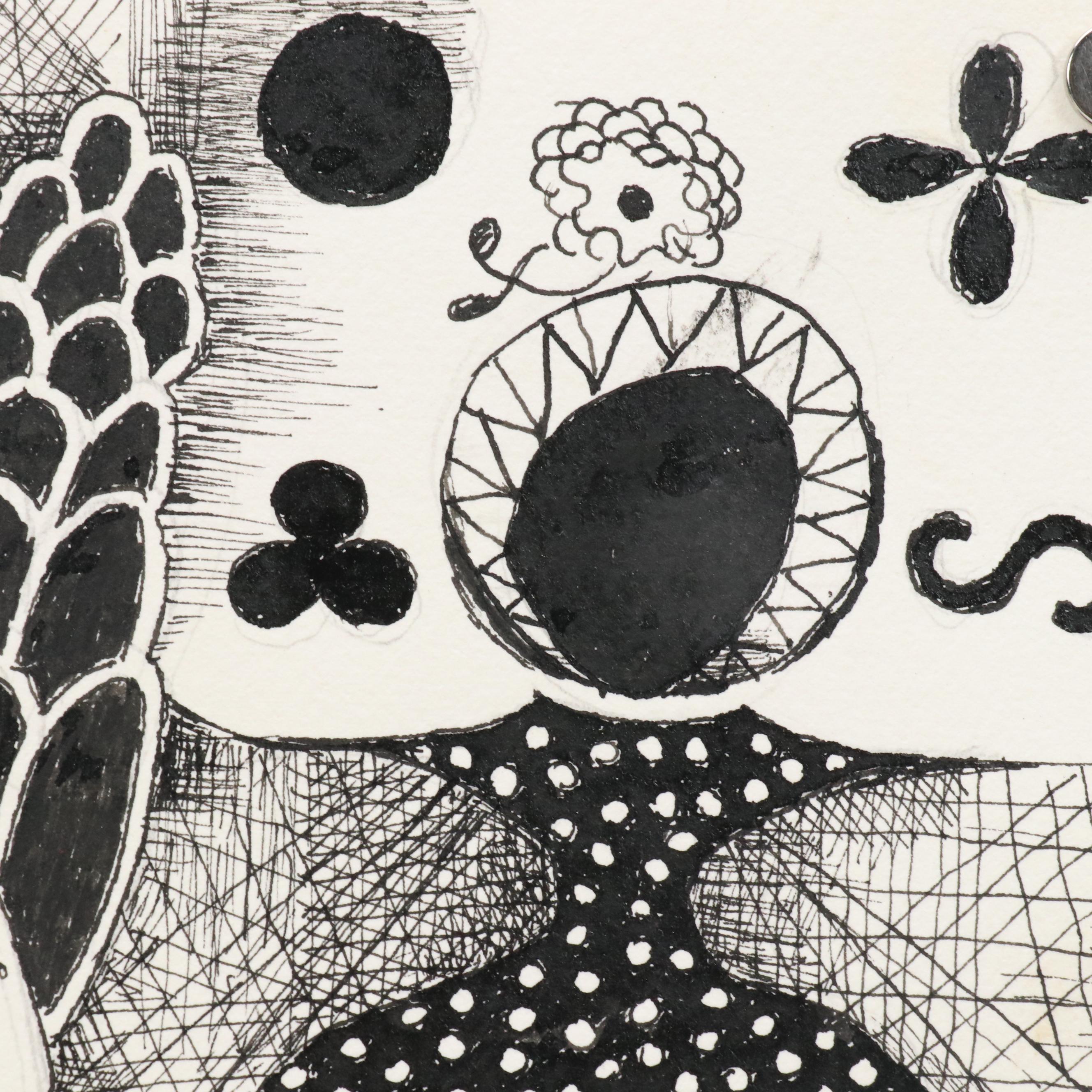 Nikolay "Kuk" Manuylov Figural Surrealist Ink Drawing, 2021