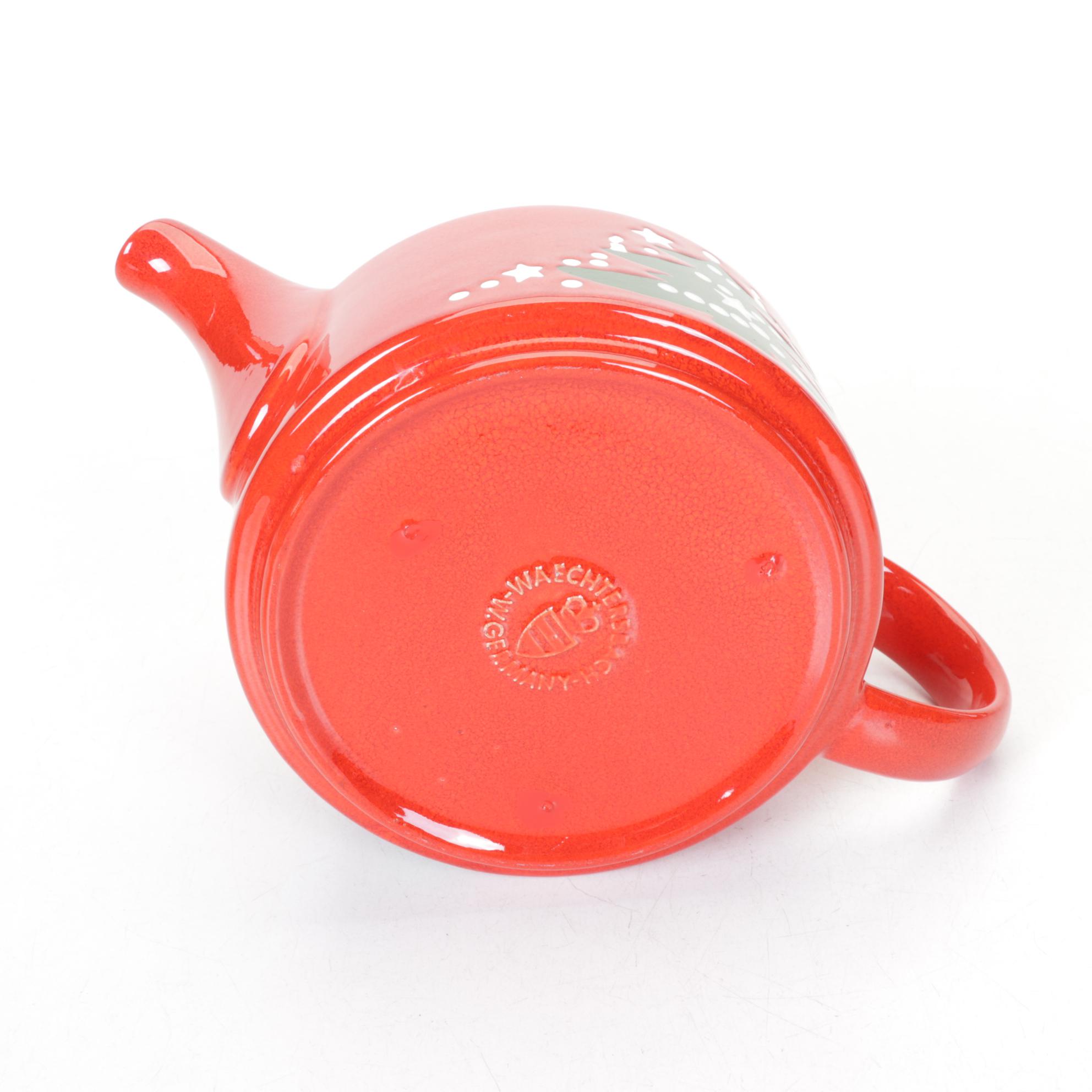 Waechtersbach "Christmas Tree" Teapot, Cups, and a Plate, Late 20th Century