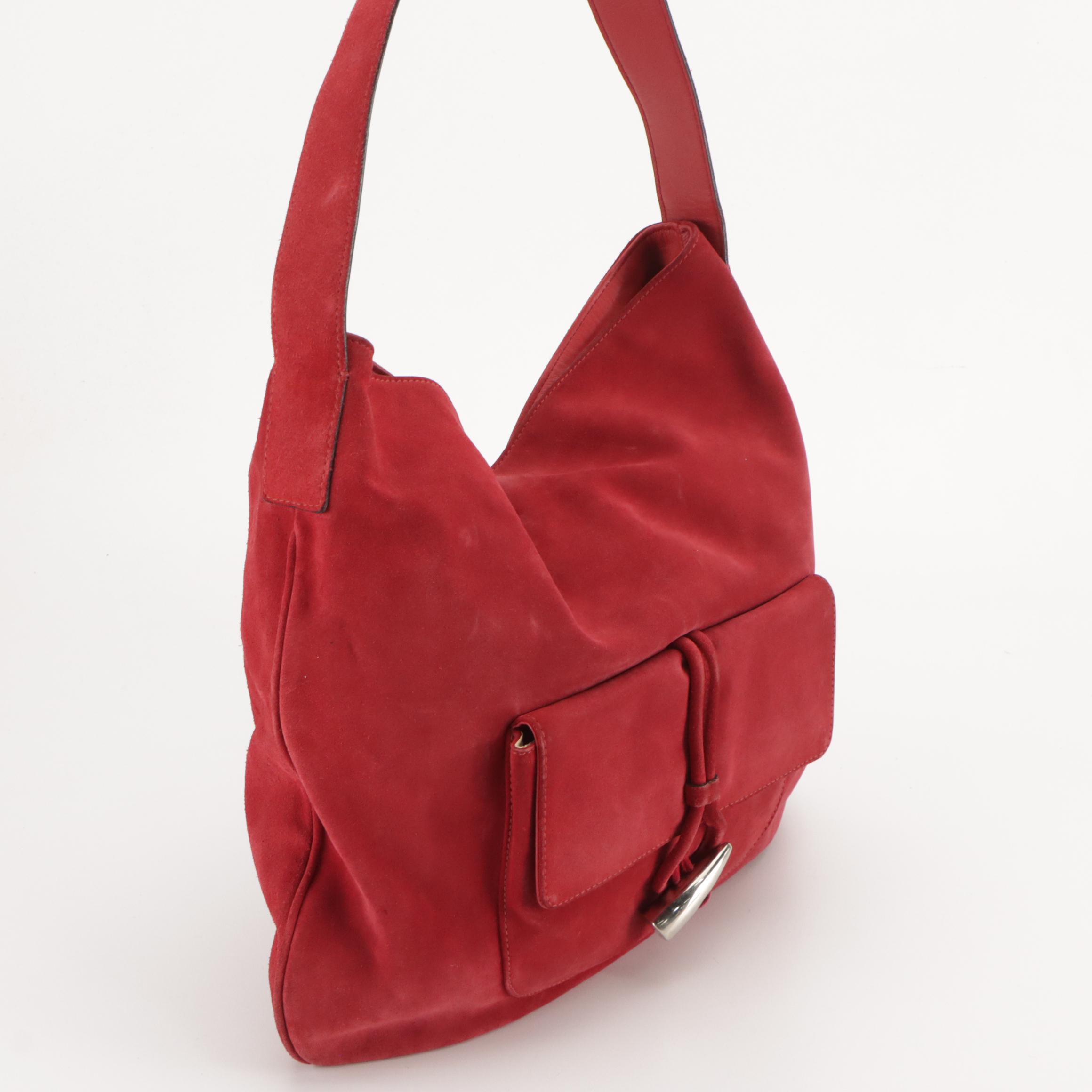 Burberry Front-Pocket Hobo Bag in Cherry Red Suede and Leather Trim