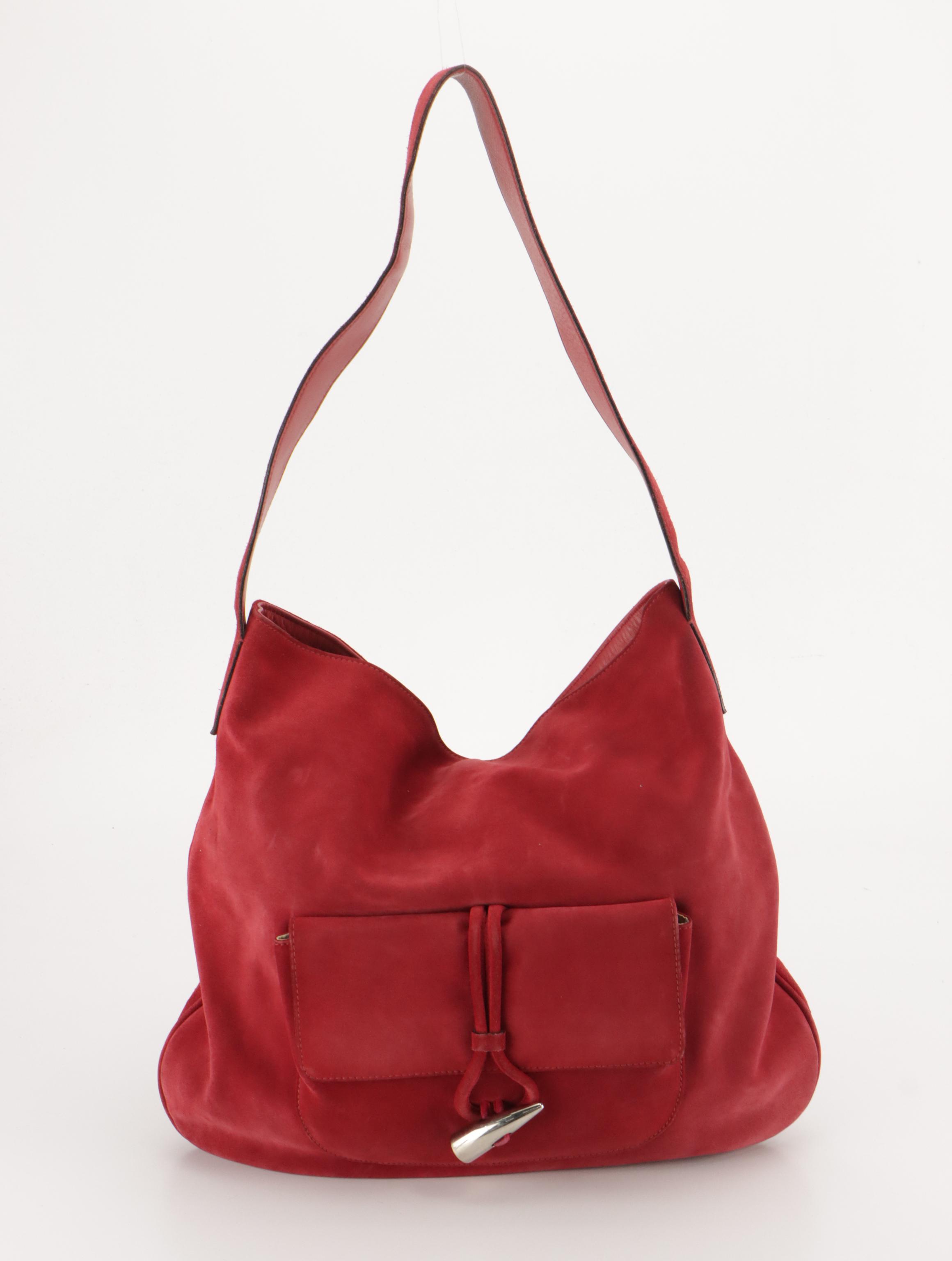 Burberry Front-Pocket Hobo Bag in Cherry Red Suede and Leather Trim