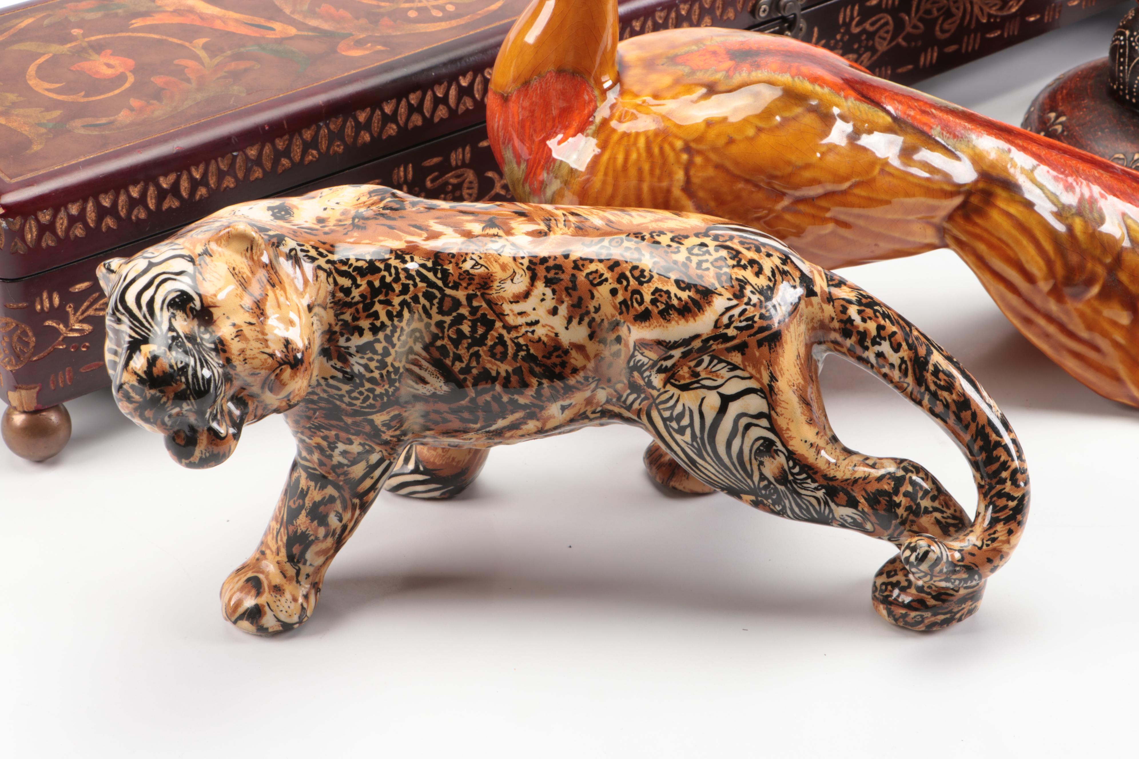 Etched Wooden Decorative Box, World Market Candle Holders, and Ceramic Animals