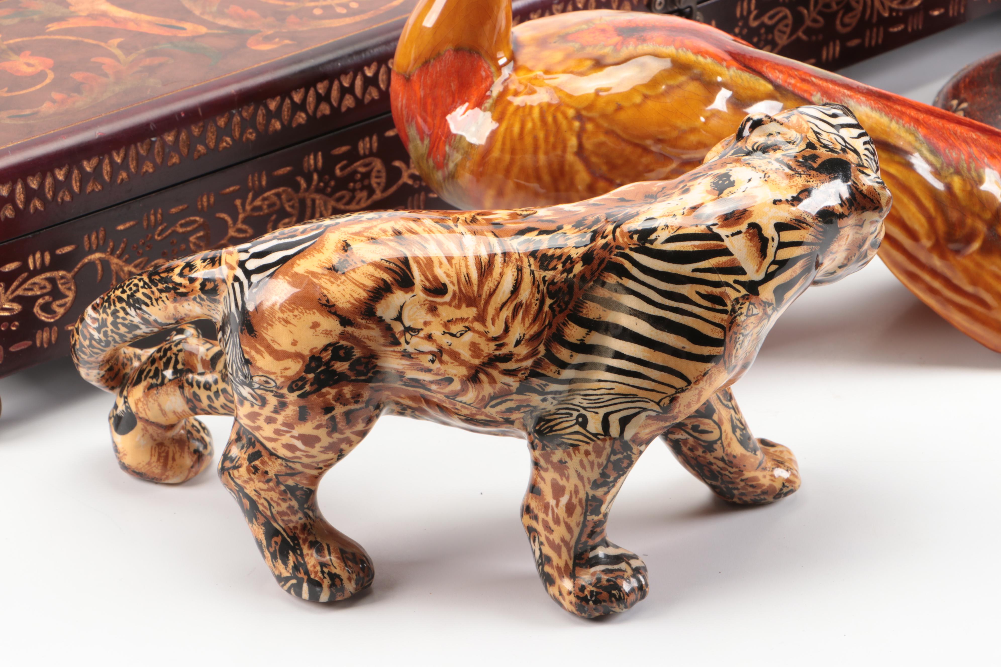 Etched Wooden Decorative Box, World Market Candle Holders, and Ceramic Animals